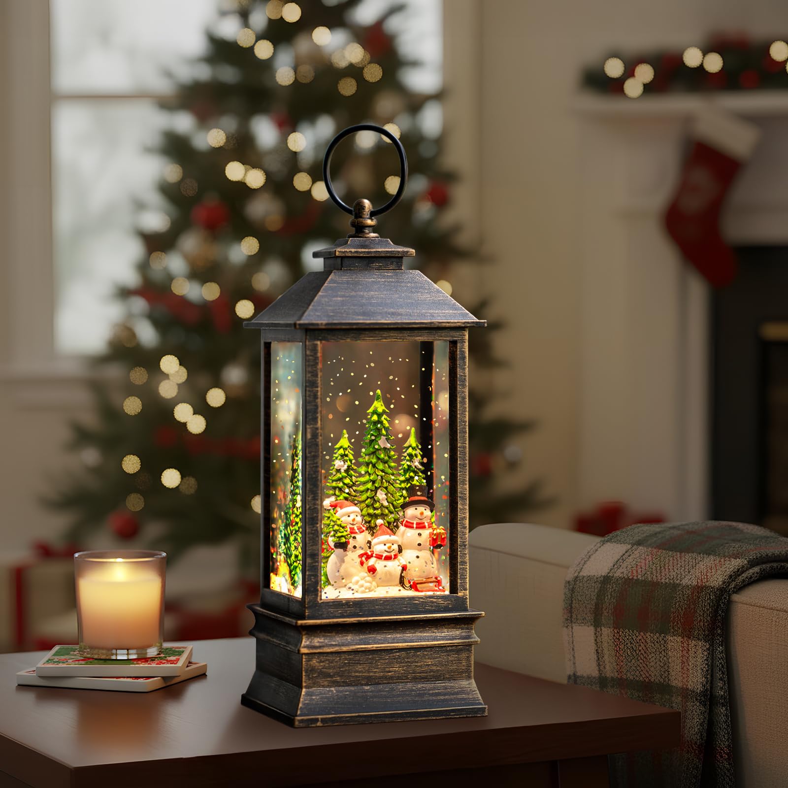 Linterna musical de globo de nieve de 10 pulgadas iluminada con muñeco de nieve familiar, linterna de agua con remolinos brillantes para decoración del hogar y regalo, funciona con pilas o alimentado