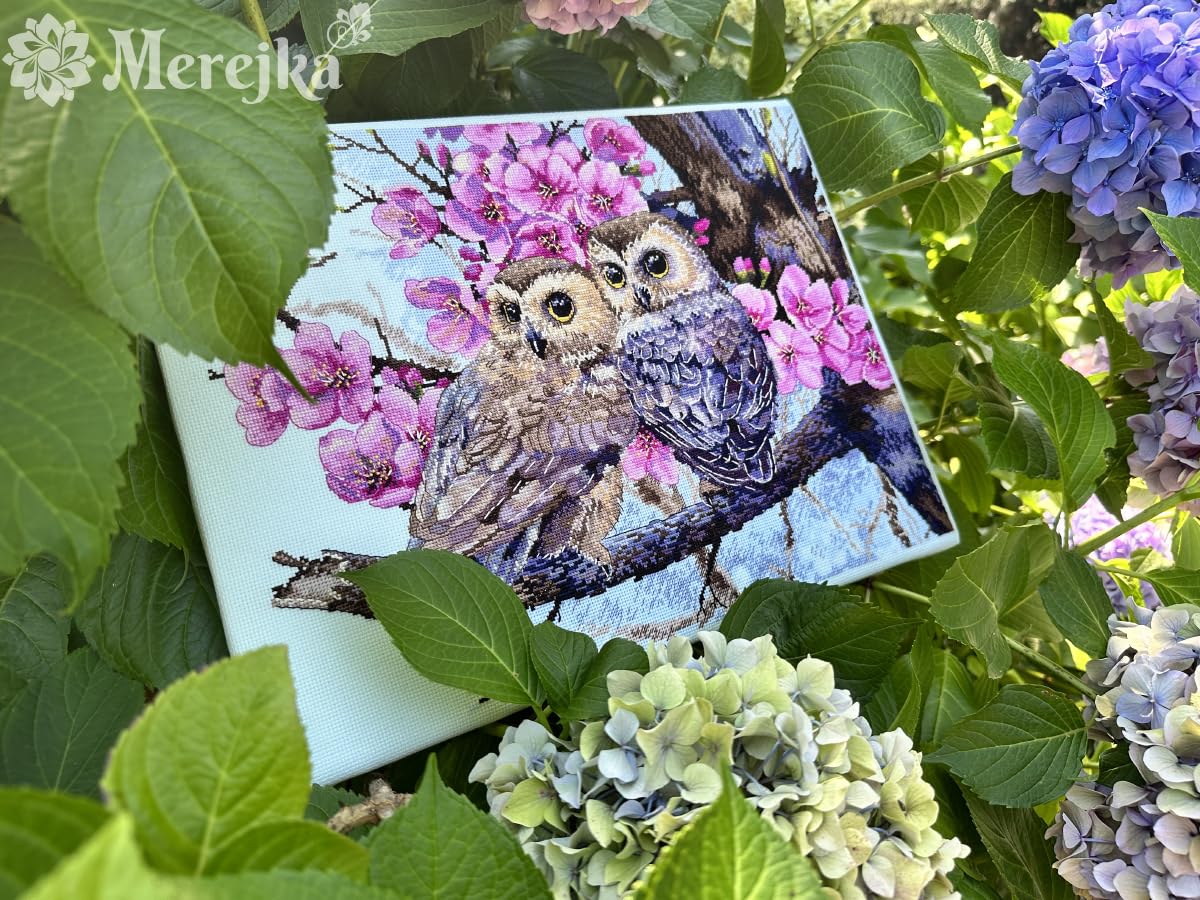 Merejka Kit Ricami Punto Croce da Ricamare, Motivo: Due Gufi in Fiore Primaverile