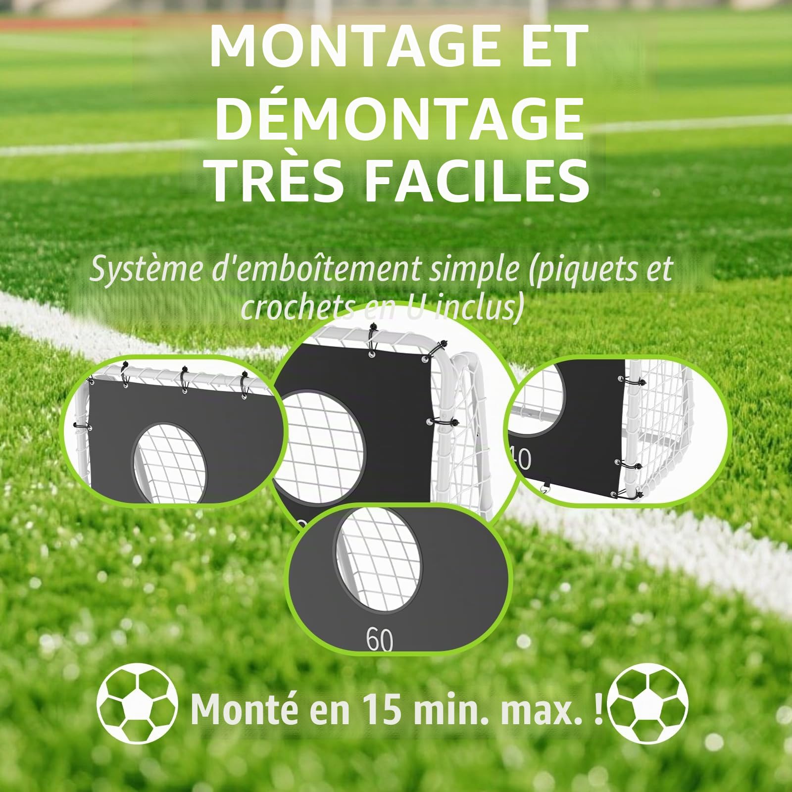 But de football 240 cm x 170 cm avec mur de tir, filet et piquets pour enfant