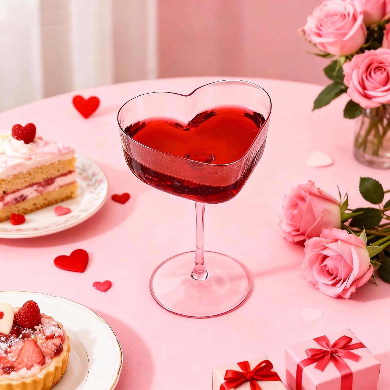 2 Pcs Valentine's Day Heart Shaped Goblet 20 oz Pink Wine Glasses Martini Cocktail Cups for Wedding Anniversary