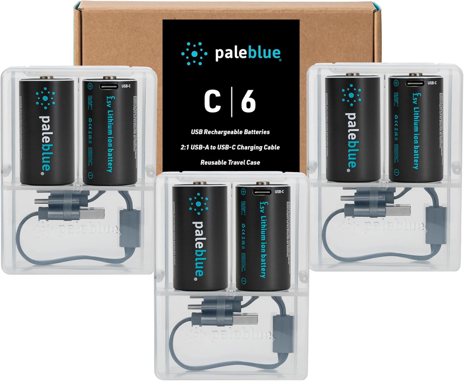 Rechargeable C Batteries with USB Charger by Pale Blue, Lithium Ion 1.5v 2800 mAh, Charges Under 3.5 Hours, Over 1000 Cycles, 2-in-1 USB to USB-C Charging Cable, LED Charge Indicator, 6-Pack