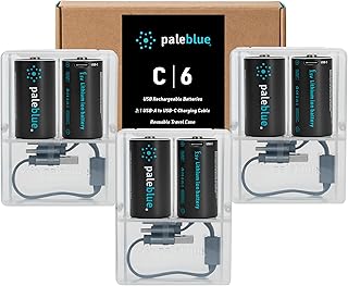 Rechargeable C Batteries with USB Charger by Pale Blue, Lithium Ion 1.5v 2800 mAh, Charges Under 3.5 Hours, Over 1000 Cycles, 2-in-1 USB to USB-C Charging Cable, LED Charge Indicator, 6-Pack