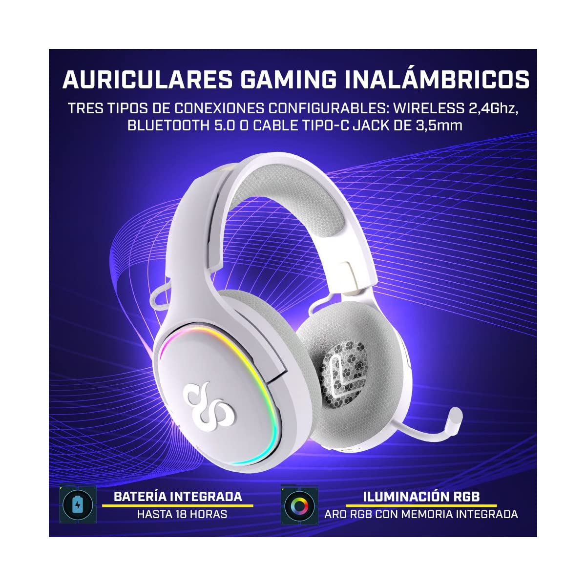 NewSkill Casque de Jeu sans Fil Aton Ivory, Microphone intégré, autonomie de 18 Heures, configurable RGB, Bluetooth 5.0, Casque d'ordinateur Ergonomique, Compatible PC/PS4/PS5/Mac/XBOX/Android Blanc