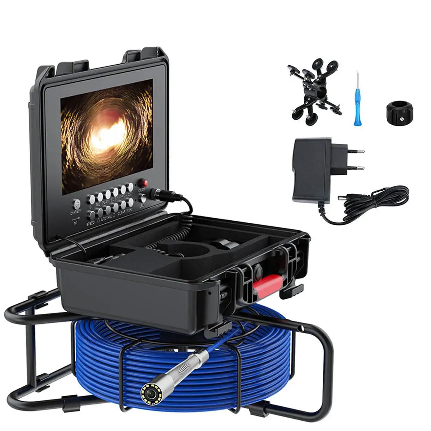 Cámara de inspección de alcantarillado, endoscopio industrial de tubo AHD de 9 pulgadas, resolución 1080P, 12 luces LED, zoom 5X, longitud de 100 pies, incluye tarjeta TF de 16 G