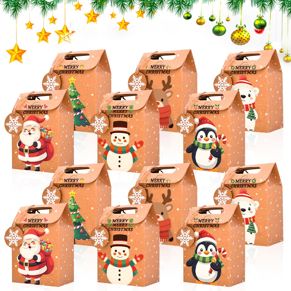 24 Pcs Kraft Paper Gift Boxes Bags,Xmas Sweet Treat Party Bags,Christmas Cookies Boxes with Tags, Xmas Candy Gift Packaging 4 Festive Designs for Kids Christmas Party Decorations(11.5x7.5x18cm)