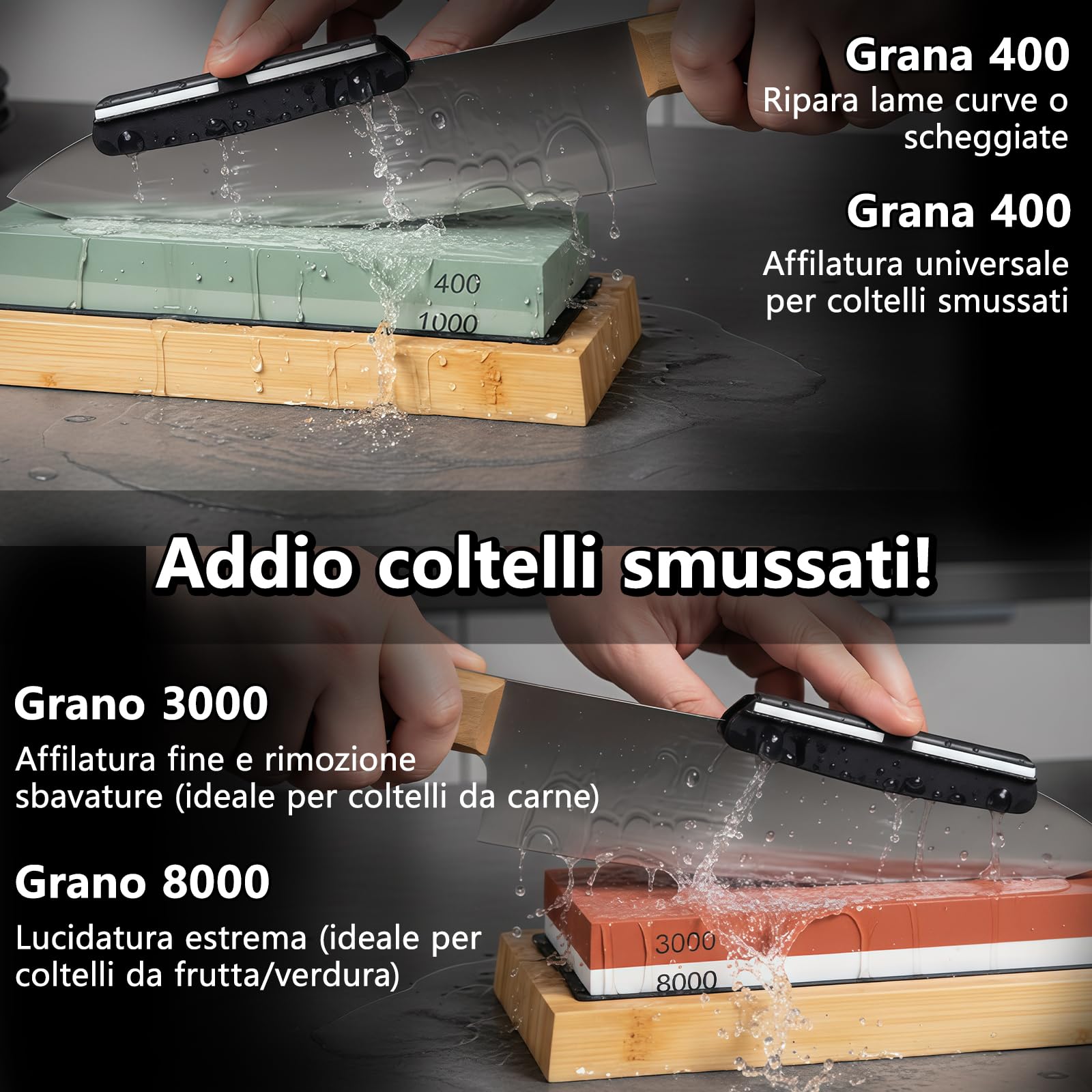 Pietra Affilacoltelli 400/1000 e 3000/8000, 8-in-1 Pietra Affilatura, Pietra per Affilare, Kit con Cote per Affilare coltelli, Grana Giapponese Pietra, Supporto in Bambù Antiscivolo, Guida Angolare