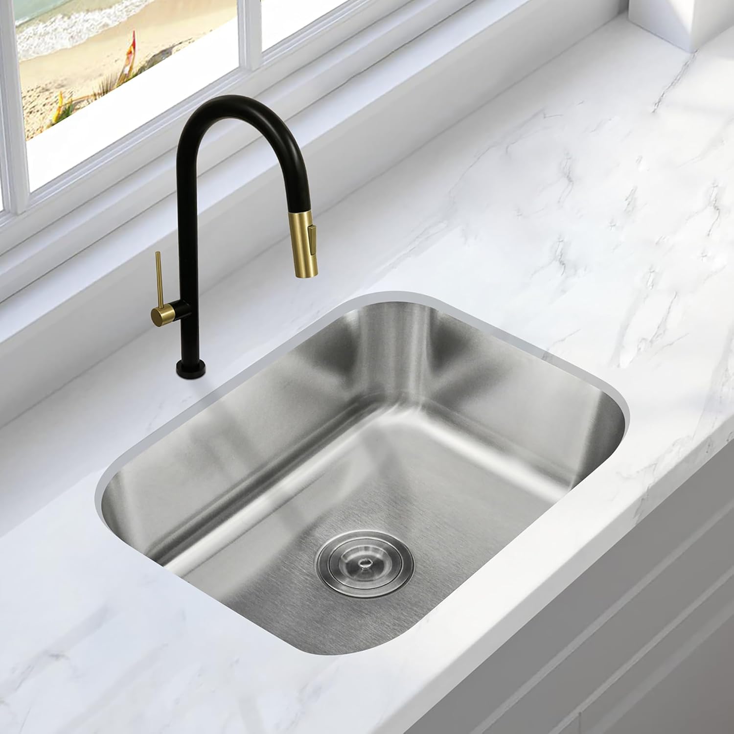 KABCO 21 Inch Single Bowl Stainless Steel Classic Kitchen Sink, Extra Thick 18 Gauge Undermount Rust Resistant, Sound and Heatproof Sink, Perfect for Outdoor or Indoor Kitchens