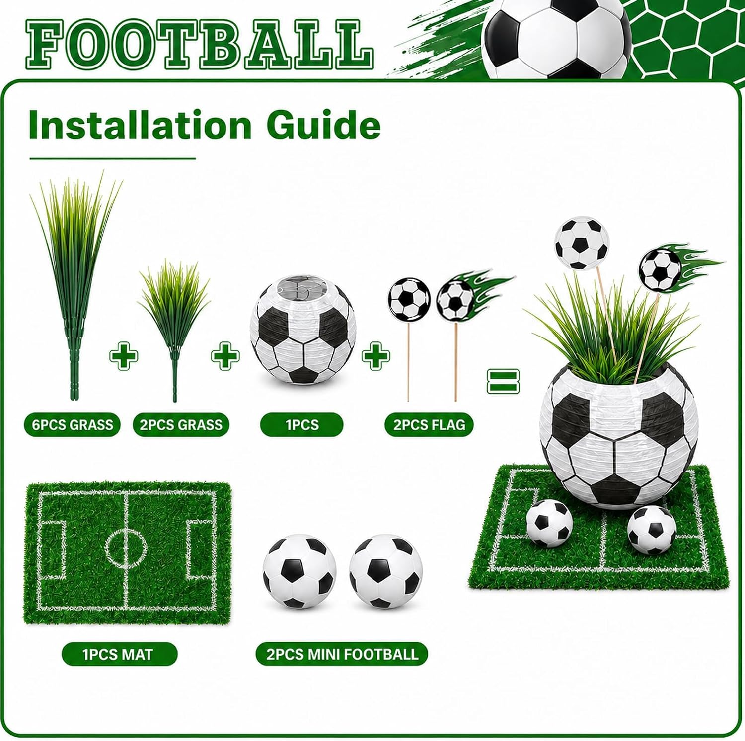 72 PCS Soccer Party Decor Table Centerpieces Decorations Kit Includes 6Artificial Grass Mats 6 Honeycomb Ball 36 Artificial Plant Cuttings 12Mini Balls 12Soccer Toppersdecorations for DIY Sport Favor