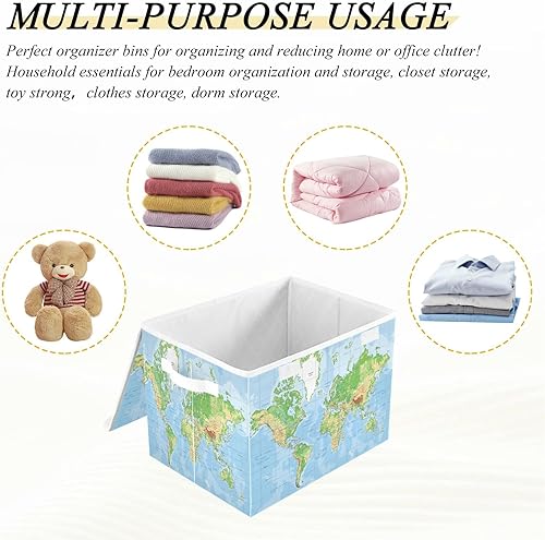 Miniatura 7 de Cesta de almacenamiento de mapa mundial de 165 x 126 x 118 pulgadas organizador de cubos plegables de tela con tapas y asas para estantes dormitorio
