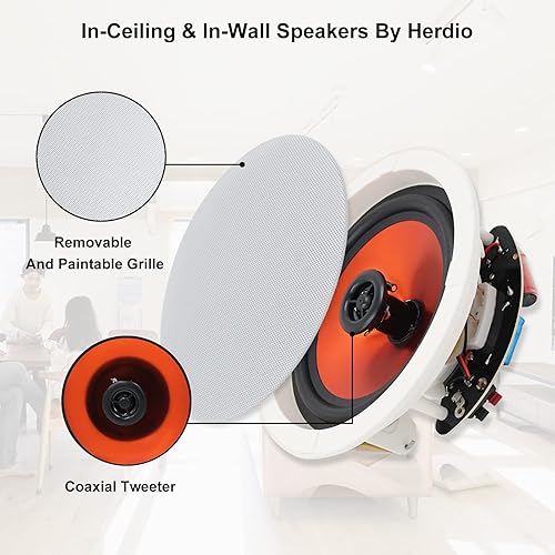 Miniatura 3 de Herdio 6.5'' Bluetooth in Wall in Ceiling Speakers 600W 2-Way Flush Mount Speakers System with Wall Amplifier Receiver for Home Theater Office