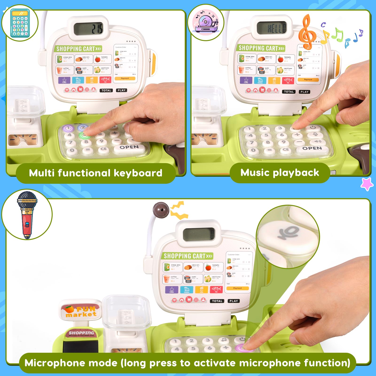 Jouets Caisse enregistreuse pour Enfants, 77 Accessoires, Cashier Cosplay Jouets avec Vraie Calculatrice Scanner Son et Lumière, Jouet Supermarché Jeu de Rôle pour Garçon Fille de 3+ Ans