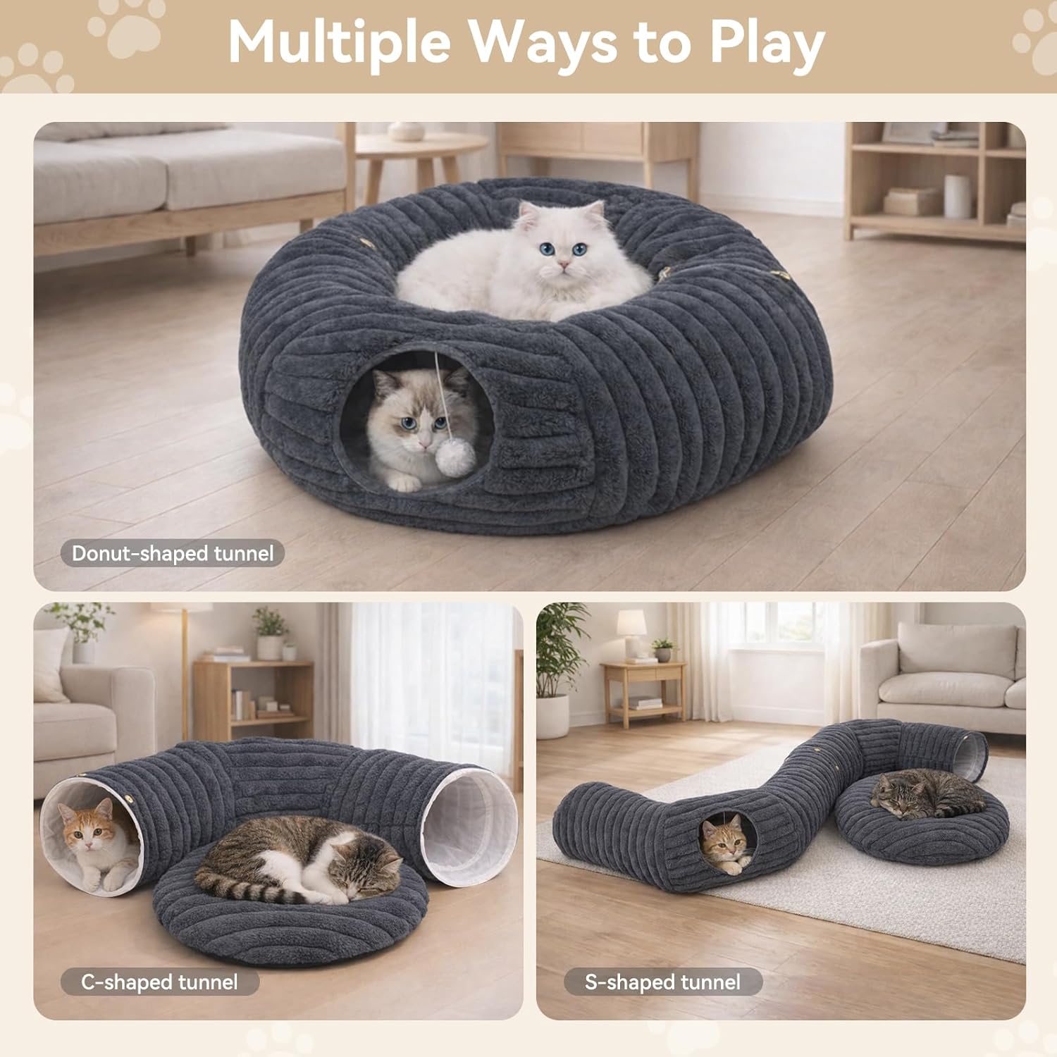 Dogpals Ultra-Soft Cat Tunnel Bed - Soft Washable Cushion, Peekaboo Hideaway Cave for Indoor Cats, Kittens, Puppies, and Rabbits - Deluxe Upgraded with Luxurious Striped Hare-Feel Fabric (Deep Grey)