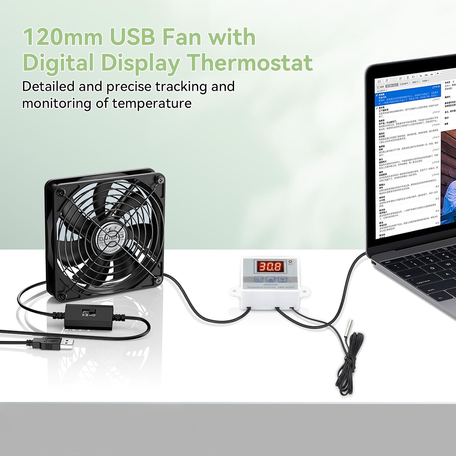ELUTENG USB Fan 120mm with Digital Temperature Controller, 5V USB Powered PC Computer Fan 1500RPM 3 Adjustable Speeds Electronic Cooling Lufter with Metal Grill for Laptop/TV Box/AV Cabinet/PS5/Router