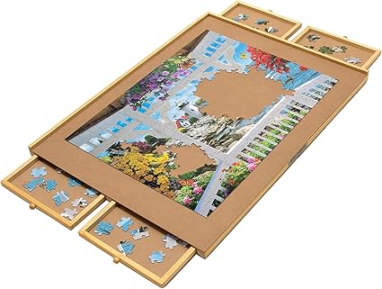 Bits and Pieces Jigsaw Puzzle Board with Drawers, Puzzle Board 1000 Pieces, 22 Inch x 30 Inch Wooden Tray Table with 4 Organizing Piece Sorting Trays, Portable, Easy Storage for Puzzles
