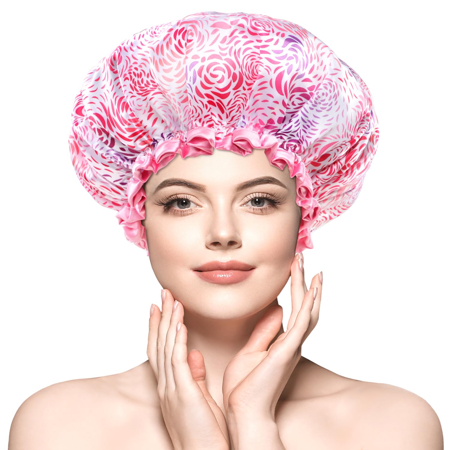 mikimini Gorro de Ducha Grande para Mujeres con Cabello Largo y Grueso, Diseño Floral Rosa, Gorro de Baño con Doble Capa, Impermeable, Reutilizable y Lavable