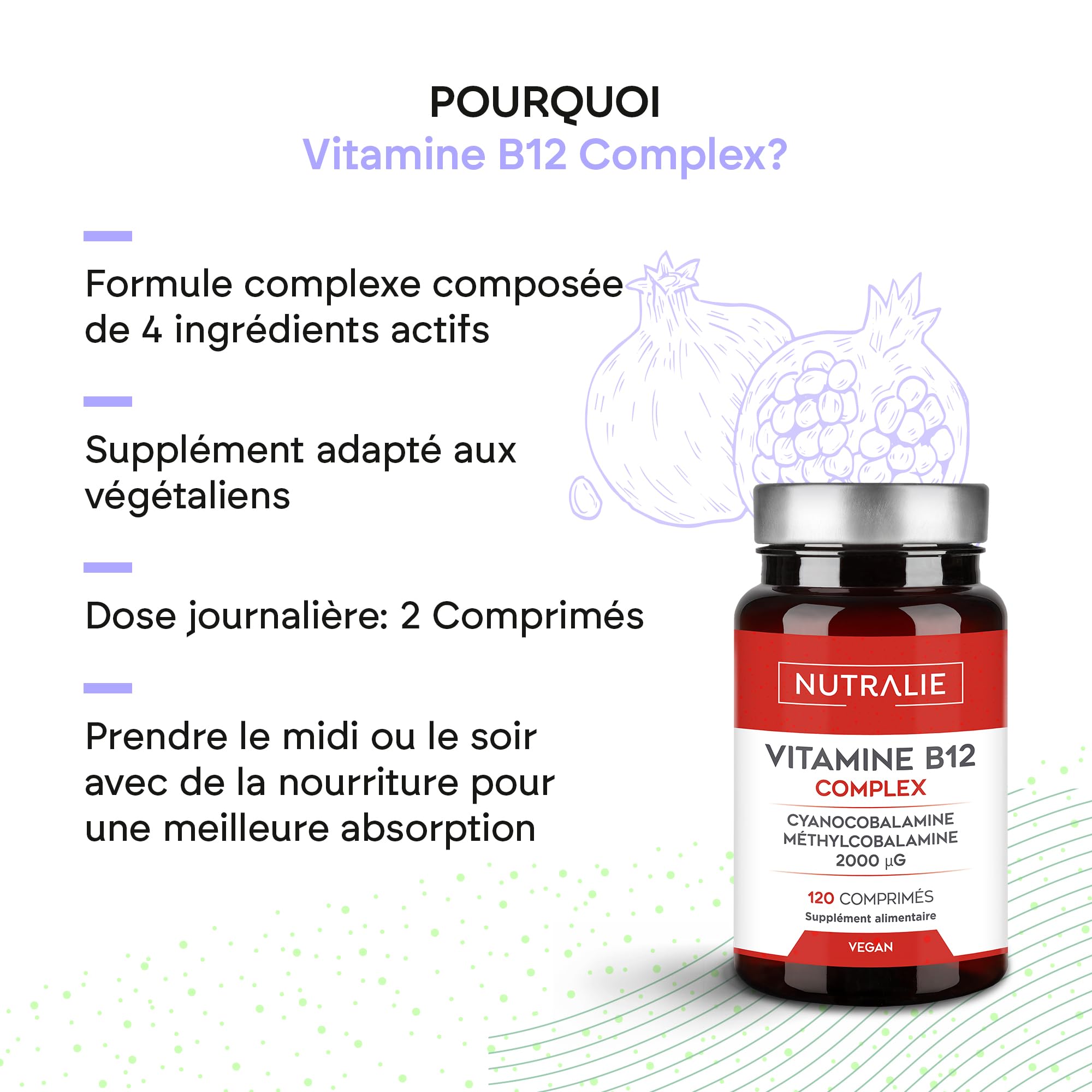 Vitamine B12 Vegan 2000mcg Méthylcobalamine et Cyanocobalamine - Fatigue et immunité - 120 Comprimés Végétaliens Nutralie