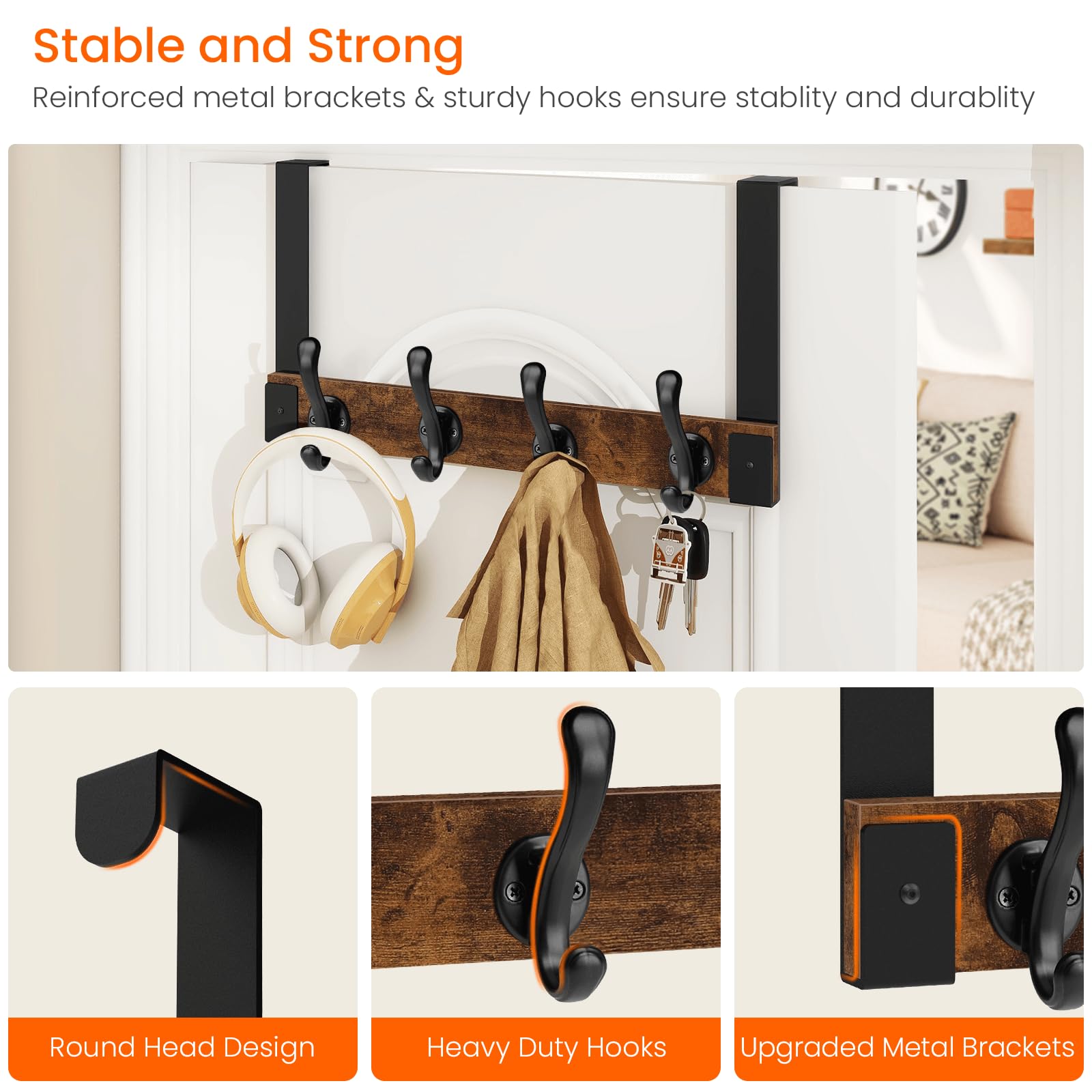 Homode Ganchos resistentes para colgar sobre la puerta, gancho de madera para colgar toallas, ropa, sombreros, bolsos, parte trasera de la puerta del baño, marrón rústico y negro