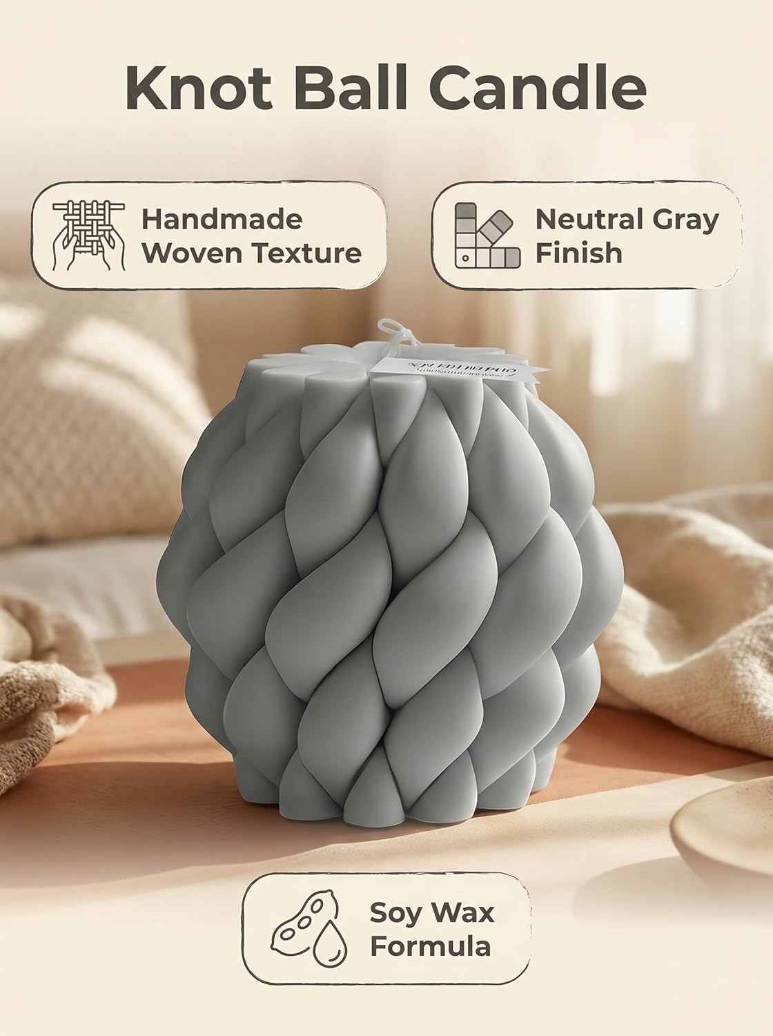 Large Handmade Rope Knot Soy Candle - Elegant Scented Pillar Candle for Home Decor, Perfect Housewarming & Unique Gift Idea, Natural Soy Wax, Phantom Gray (Large)
