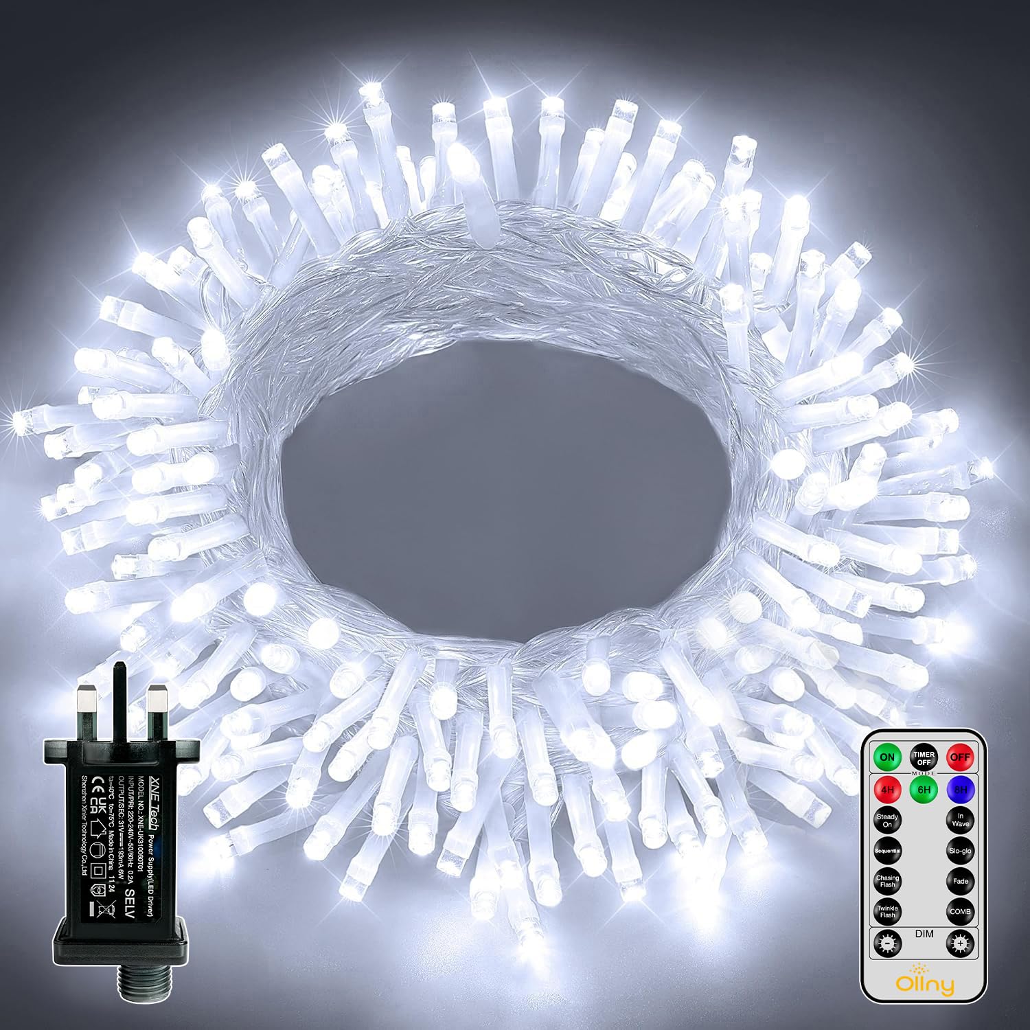 Ollny Christmas Tree Lights, 10m 100 LED Fairy Light Mains Powered, Waterproof Outdoor String Light with Remote/Plug/Modes/Timer, Bright Cool White Lighting Outside Indoor Garden Xmas Decorations