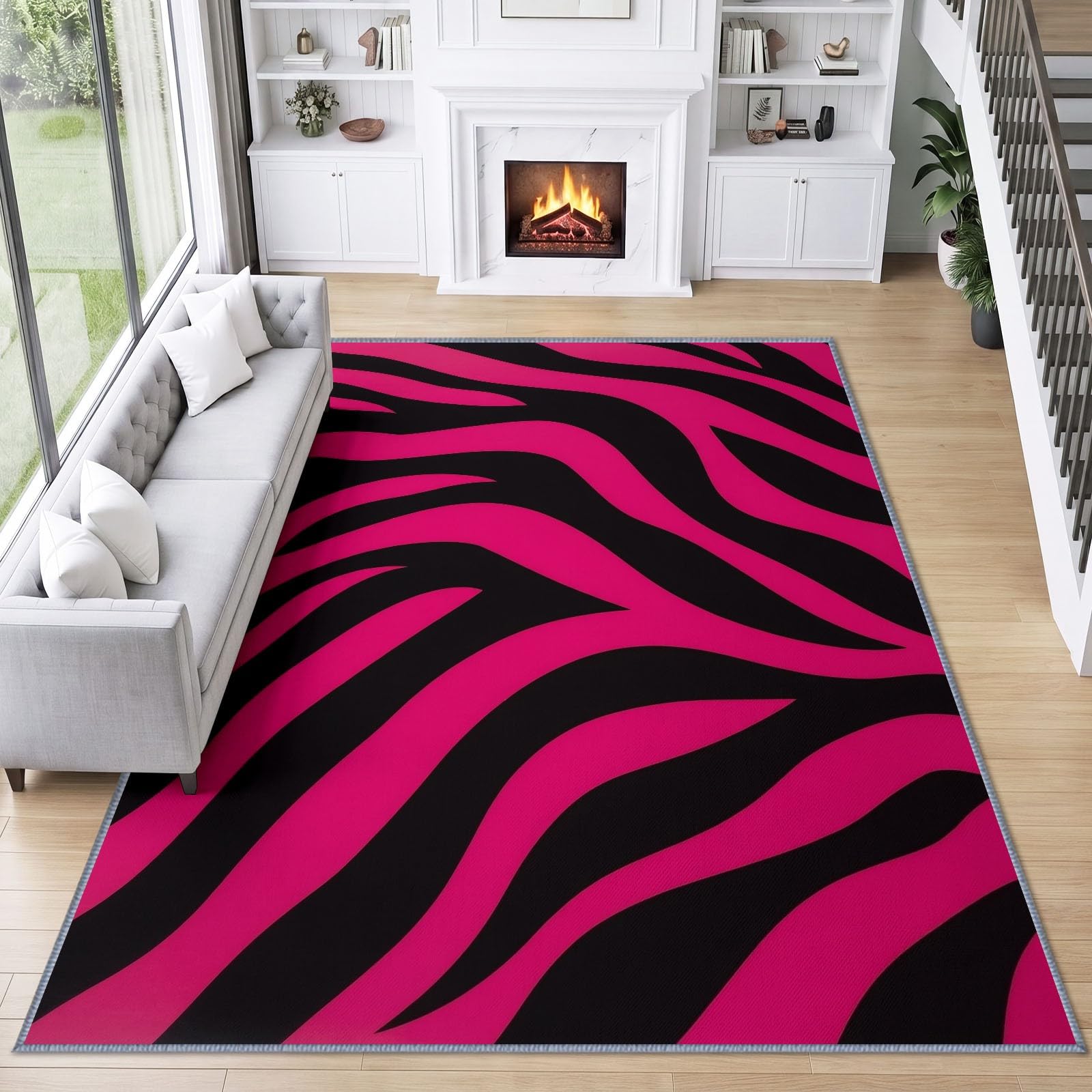 Tapis de Salon Imprimé Animal 120 x 170 cm, Texture Zèbre Rose Noir Tapis Poils Courts Lavable Moderne, Décoratif Antidérapant et Doux pour Salon Chambre et Bureau