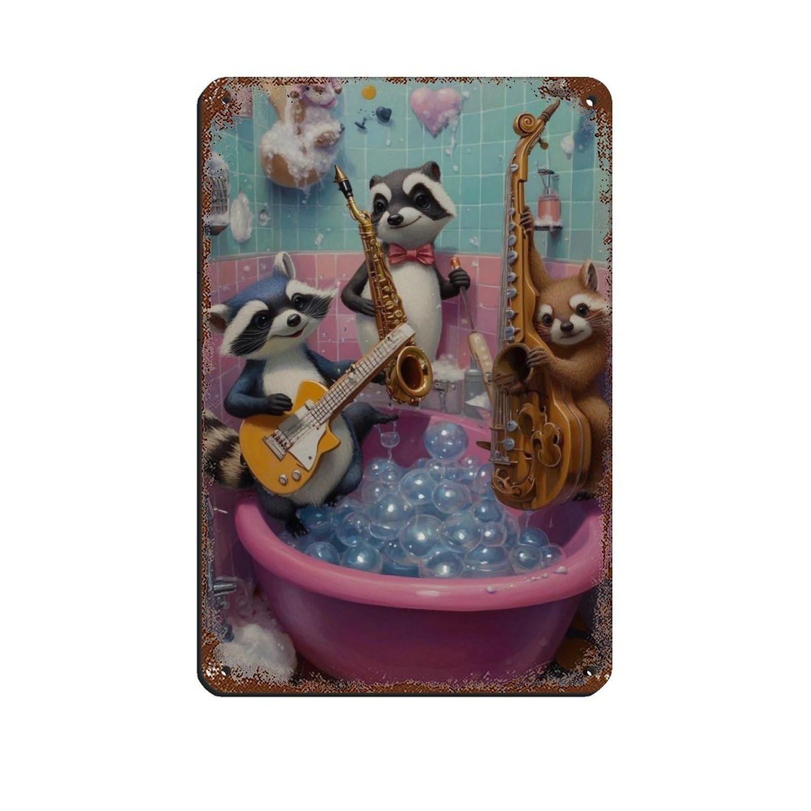 Cute Racoon Band, Adorable Animal Music Decor Tin Sign Vintage Metal Pub Club Cafe Bar Home Wall Art Decoration Poster Retro 8x12inch(20x30cm)