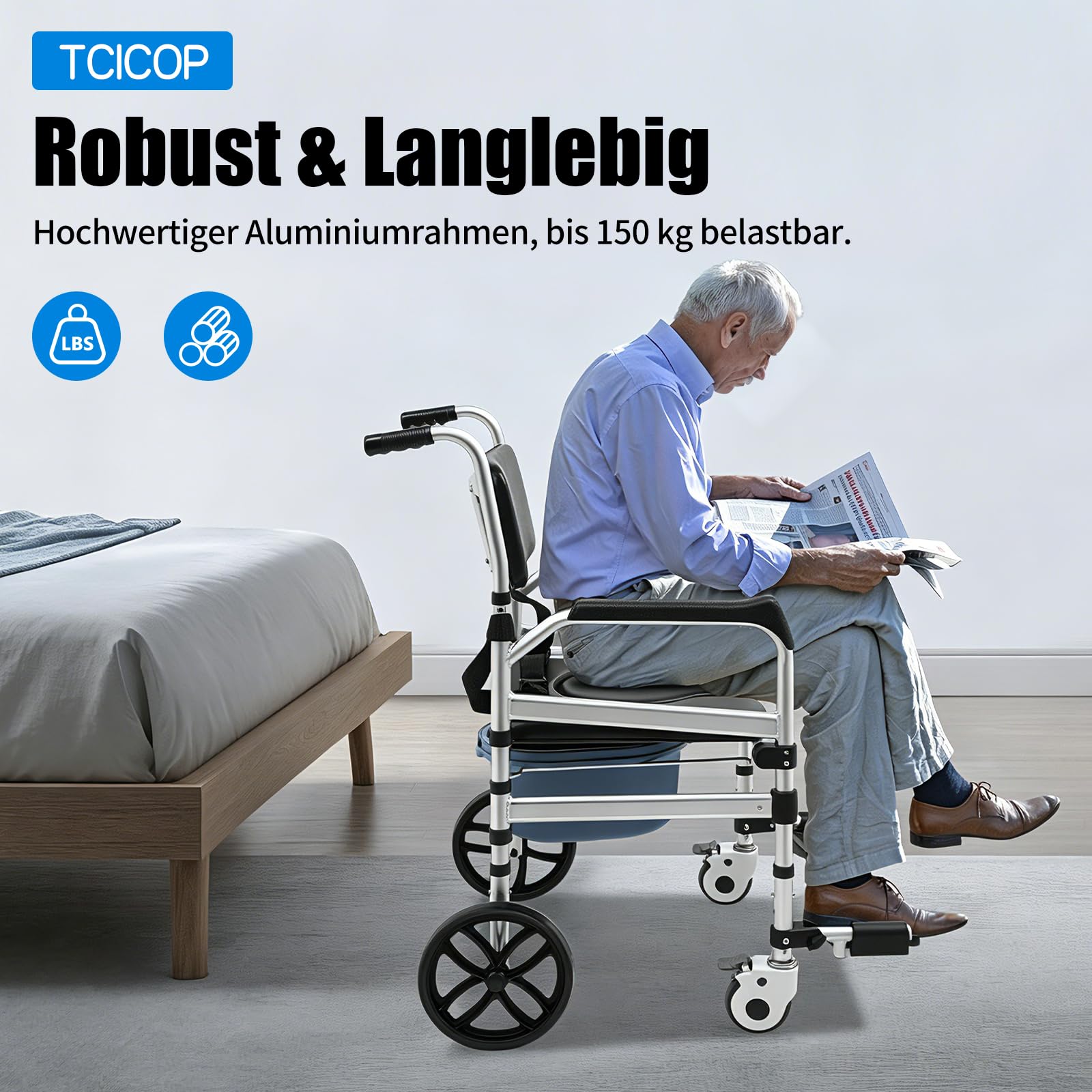 Toilettenstuhl für Senioren, Höhenverstellbar Duschstuhl mit Rollen, Faltbar Duschstuhl Toilettenhilfen, Mobil Toilettenstuhl 160kg Tragfähigkeit, für Badezimmer