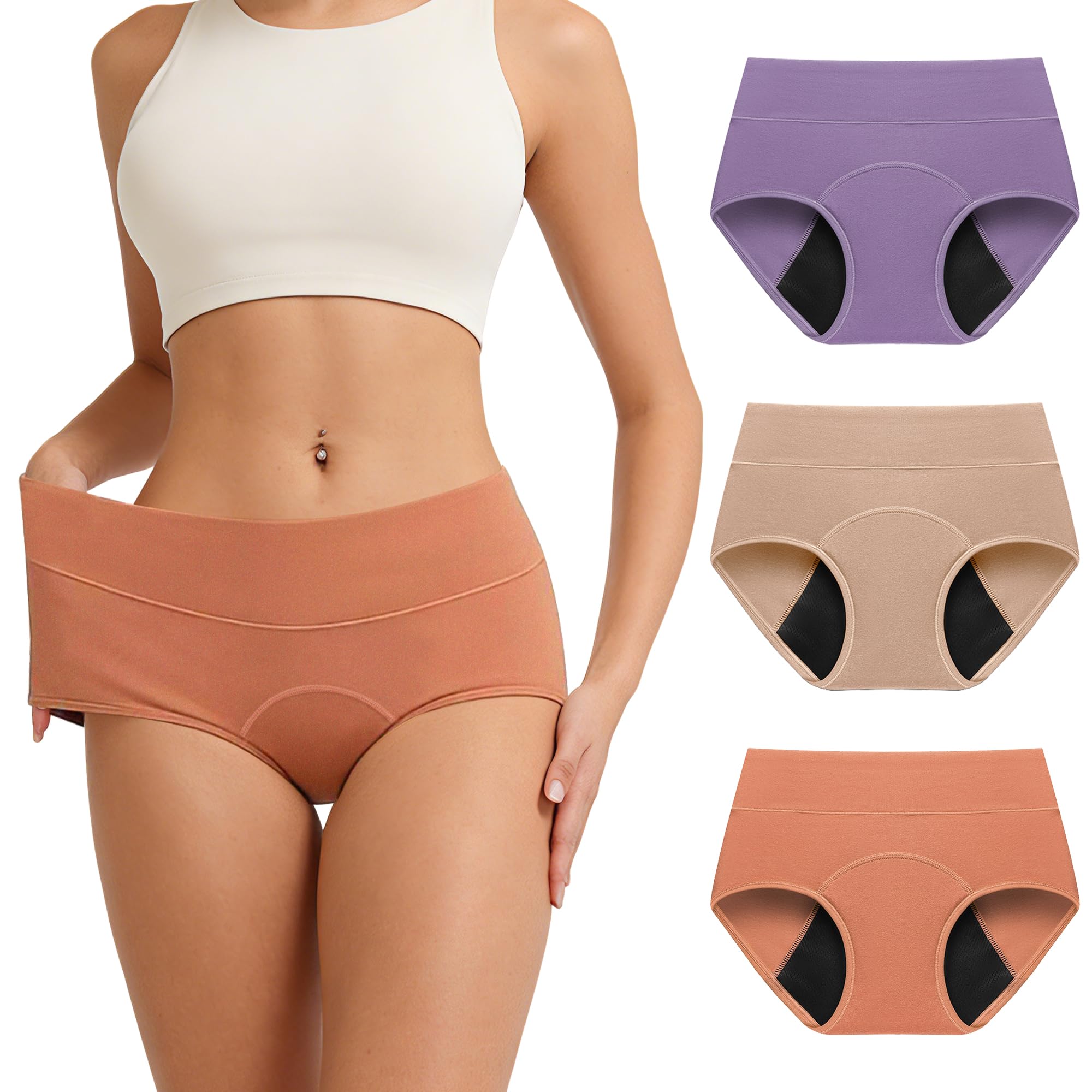 RFOGJV Periodenunterschwäsche, Menstruationsunterwäsche Hochwaage 95% Baumwolle, Atmungsaktiv, 3er Pack (XS-3XL)​