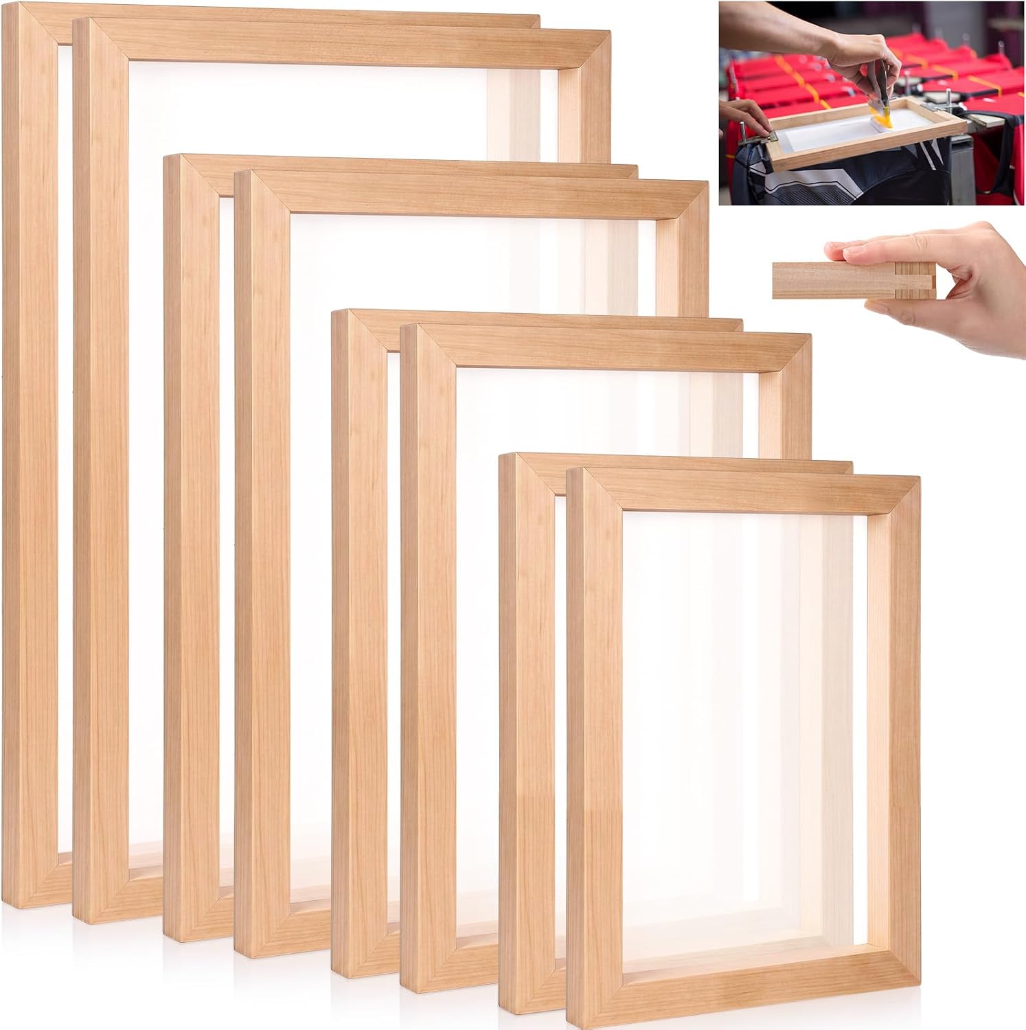 CroBlissful 8 Pcs 4 Size 200 Mesh Wood Silk Screen Printing Frame High Tension Nylon Mesh for Screen Printing Fabric Paper Beginners 10 "x 14 ", 8 "x 12 ", 6" x 10", 5"×9"