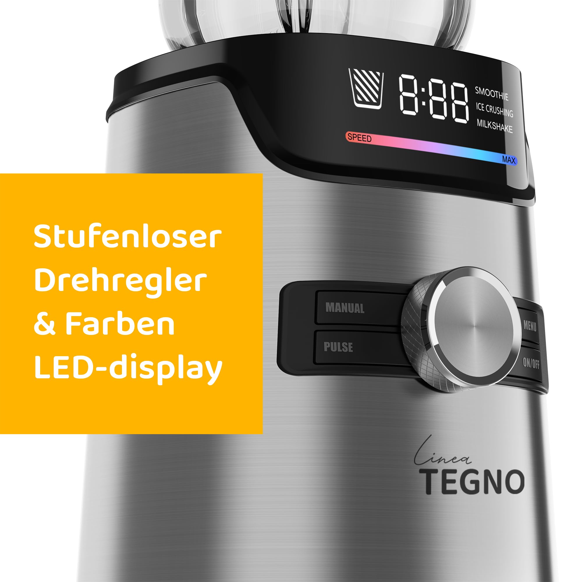 Power Blender - Linea Tegno – Profi Standmixer & Smoothie Maker – 1400W Hochleistungsmixer mit 1,7L Glasbehälter, LED-Display & 250ml Kaffeemühle – Edelstahl