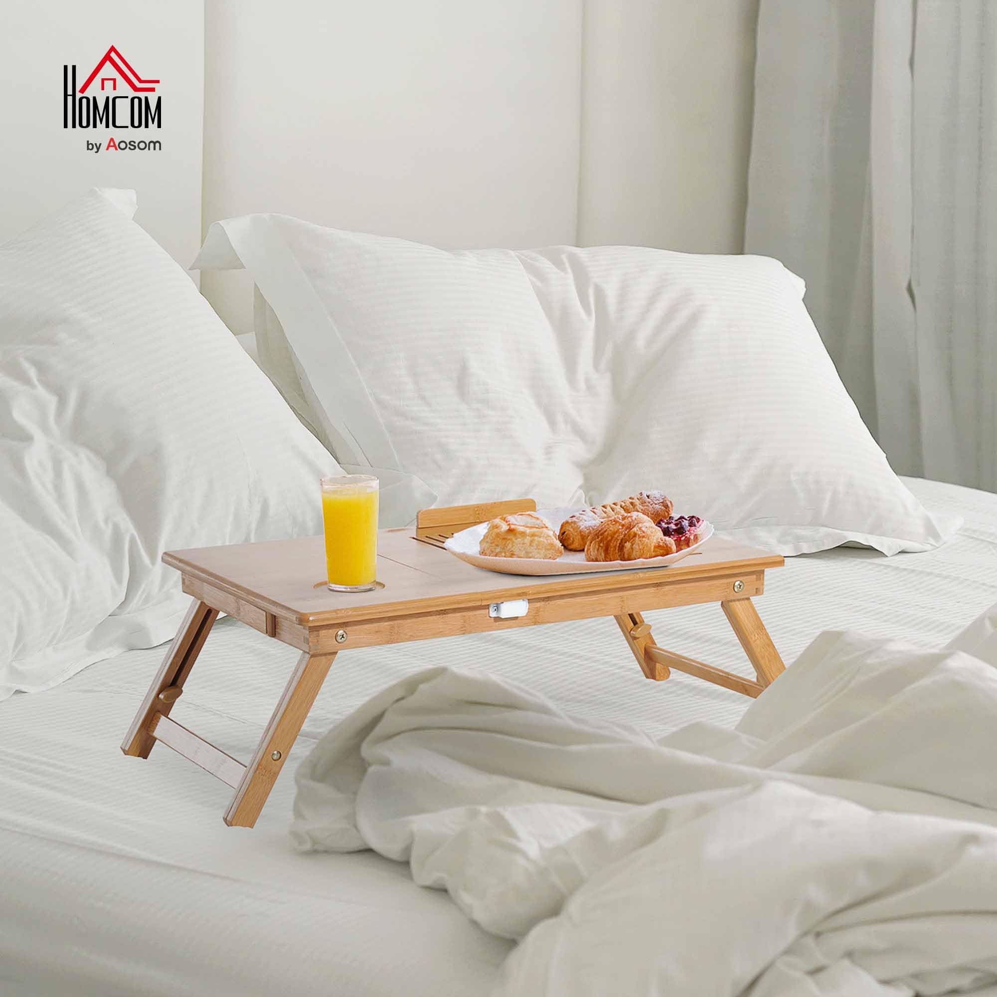 HOMCOM Mesa Plegable de Bambú, Mesa de Ordenador Portátil, para Cama y Sofá, Altura Ajustable, Cajón, Patas Plegables, para Leer, Escribir, Comer, Trabajar, Natural