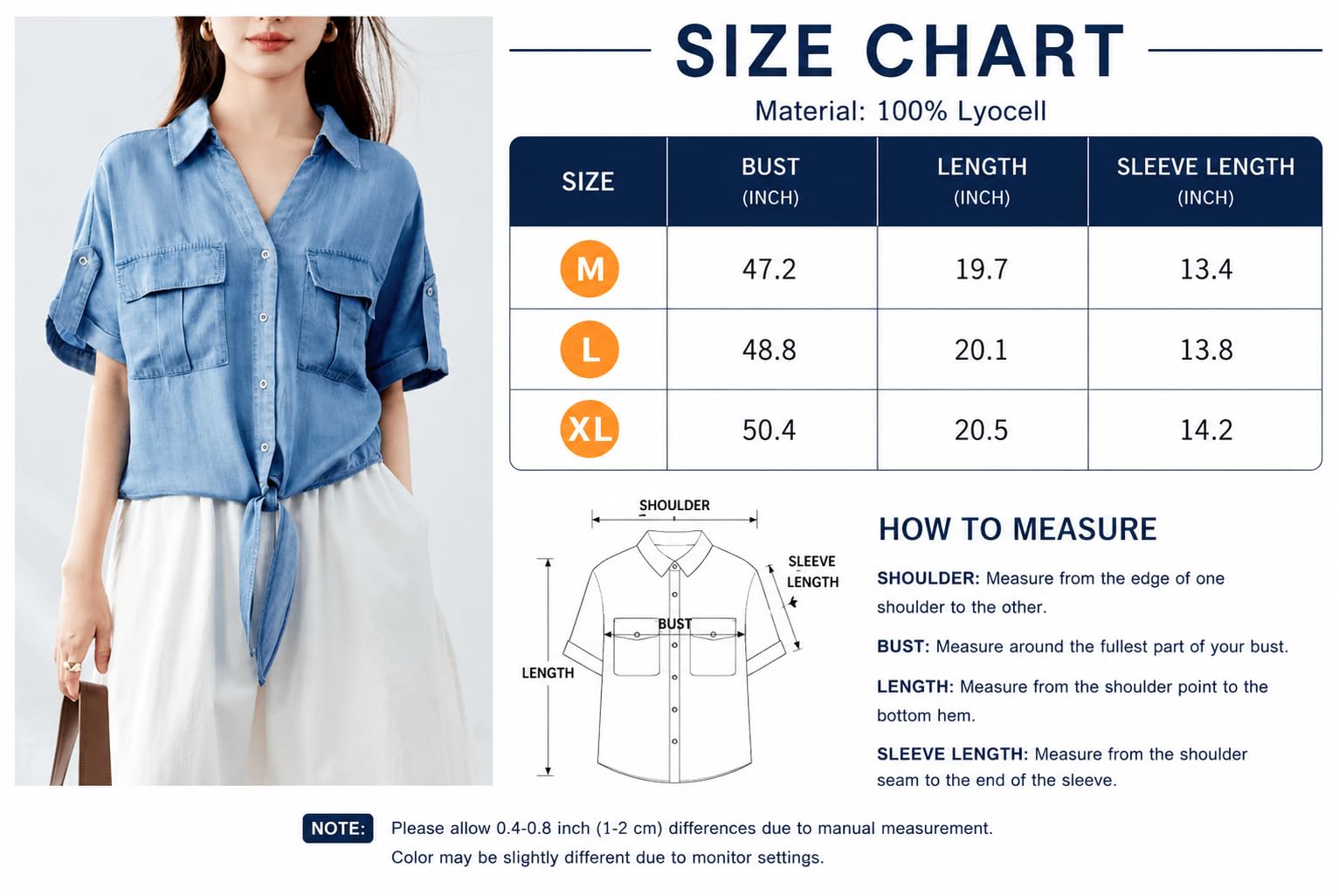 Chemise Oversize en Denim Doux Tencel pour Femme, Légère, À Manches Courtes Retroussables, Col À Revers, Fermeture Boutonnée, Ourlet Noué Et Poches, Idéale pour L'Été Le Travail A