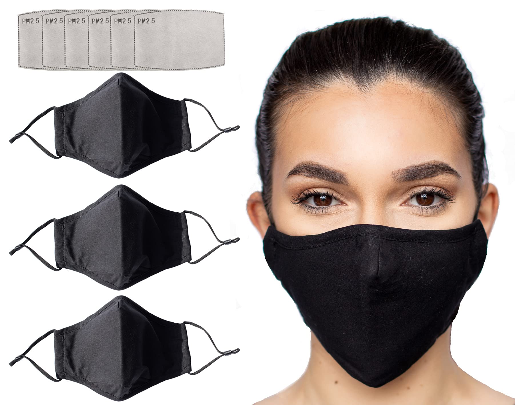 HABAC STUDIO - Pack of 3 100% Cotton Face Masks. 6PCS pm2.5 Activated Carbon Filters. 4 Layers Nose Wire Pocket Filter. Fa...