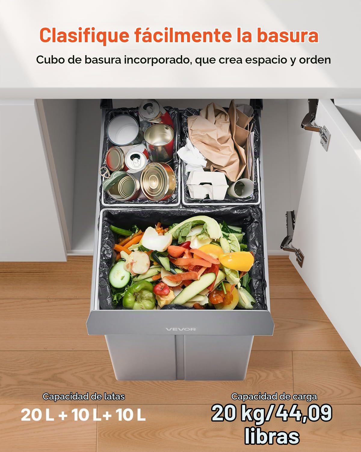 VEVOR Cubo de Basura Extraíble para Armarios Cocina, 20+10+10 L, Doble bajo Fregadero, para Reciclaje, con Sistema Deslizante de Extensión Completa de Metal Resistente y Asa, 492 x 340 x 430 mm