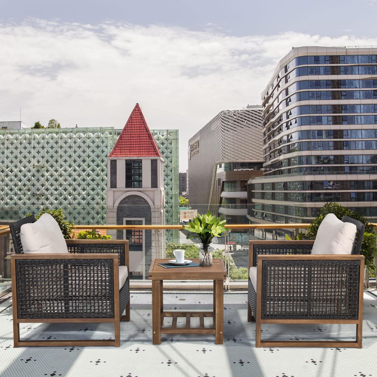 GIANTEX Juego de Muebles de Jardín 3 Piezas, 2 Sillones de Ratán con Marco de Madera de Acacia, con Mesita de Café, Asiento con Cojines, 115 x 64 x 80 cm, para Jardín, Terraza, Patio