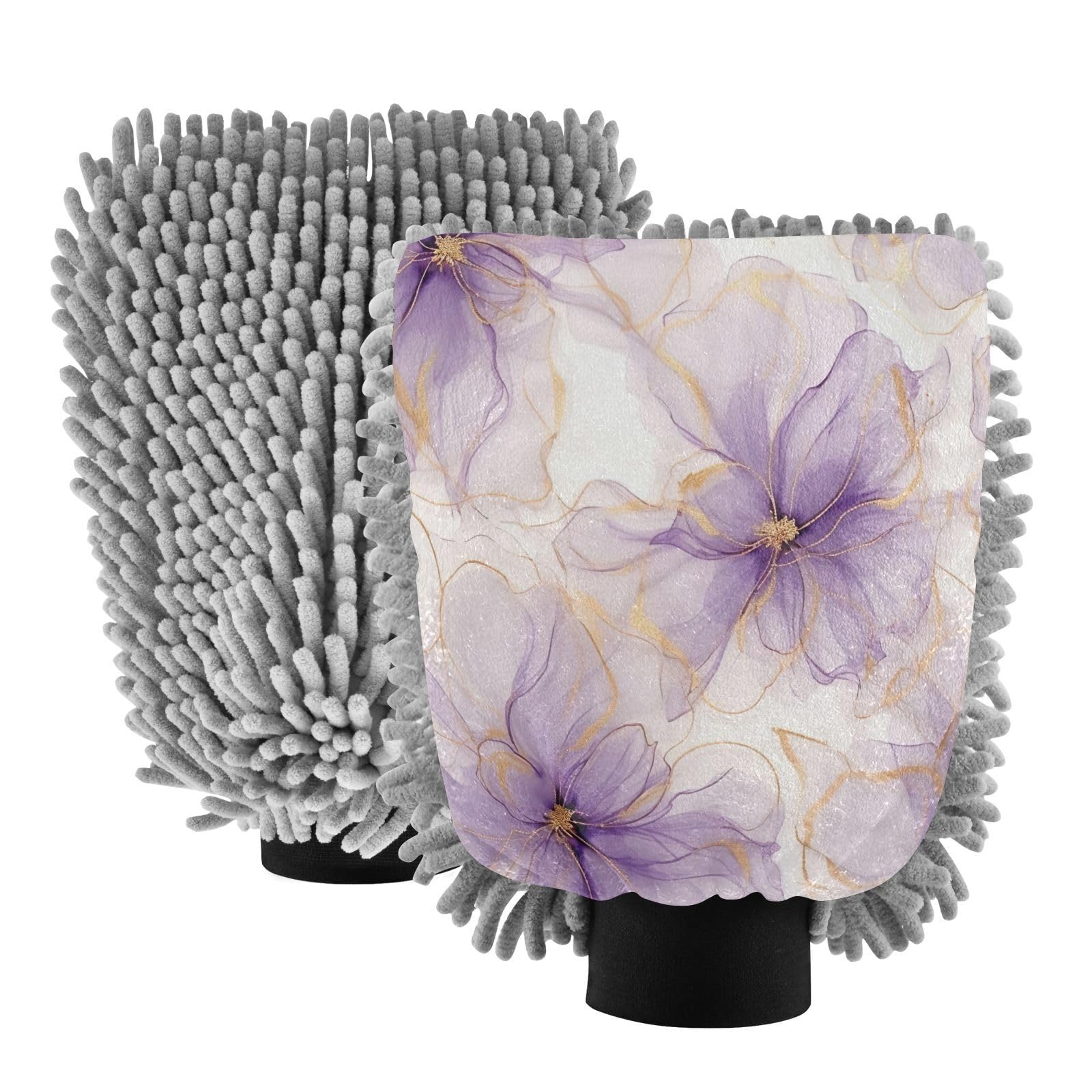 Hezely Purple Flower Car Wash Mitt, 2PK Scratch Free Lint-Free for Car Washing and Detailing