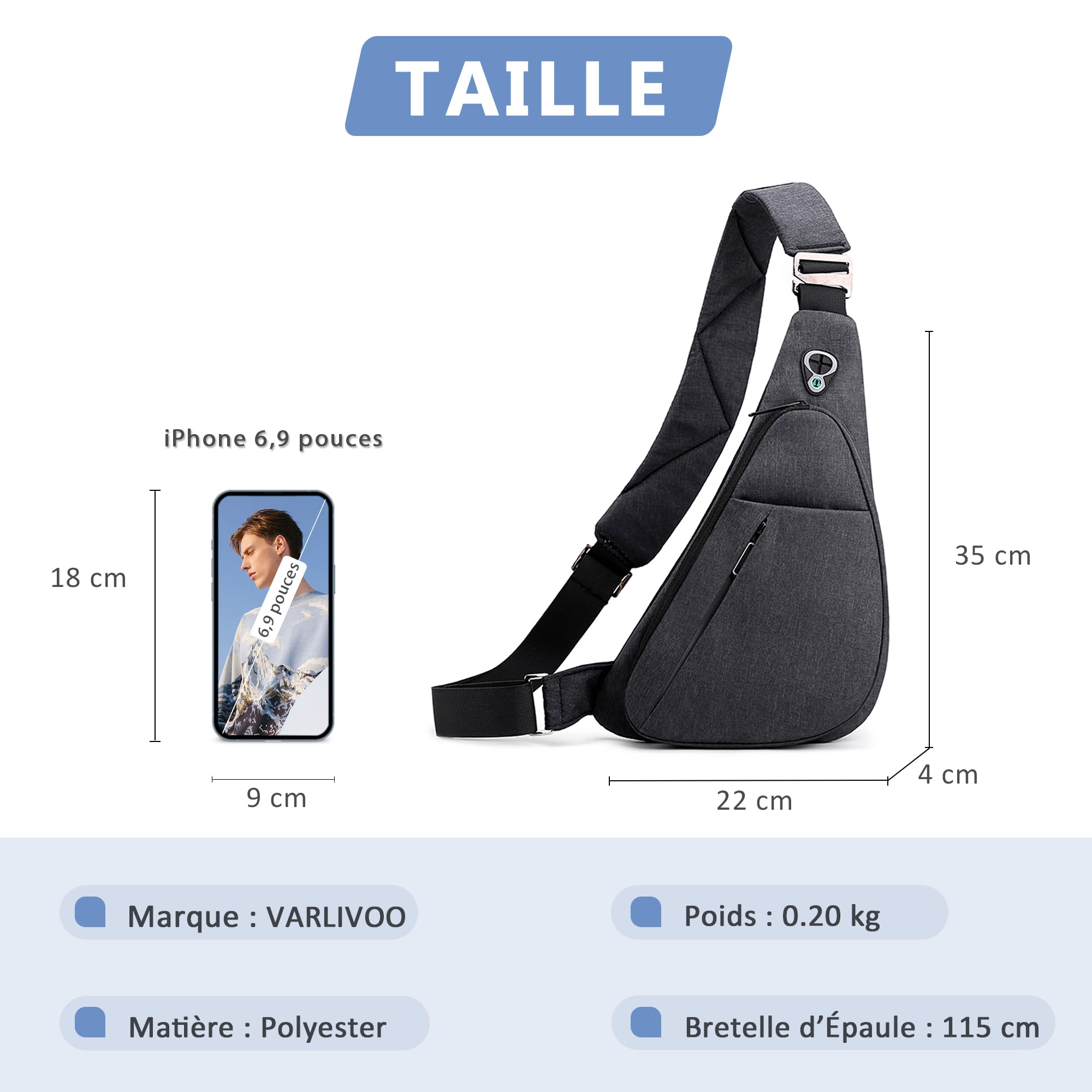 VARLIVOO Sac de Poitrine Homme, Petit Sacoche Bandouliere Sac à Bandoulière Antivol Imperméable pour Voyage Randonnée Cyclisme Sports Noir C