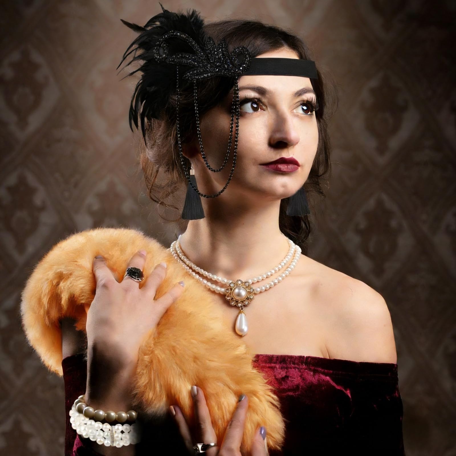 Amazleer 1920s Flapper Accessories Set for Women-Roaring 20s Costumes-Flapper Headpiece, Pearl Necklace (Black&White) - Image 3
