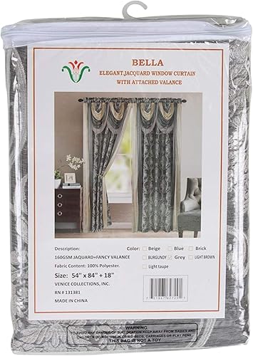 Miniatura 3 de v Bella - Panel de cortina jacquard de lujo con cenefa de cascada adjunta y bufanda de 54 x 84 pulgadas, color gris