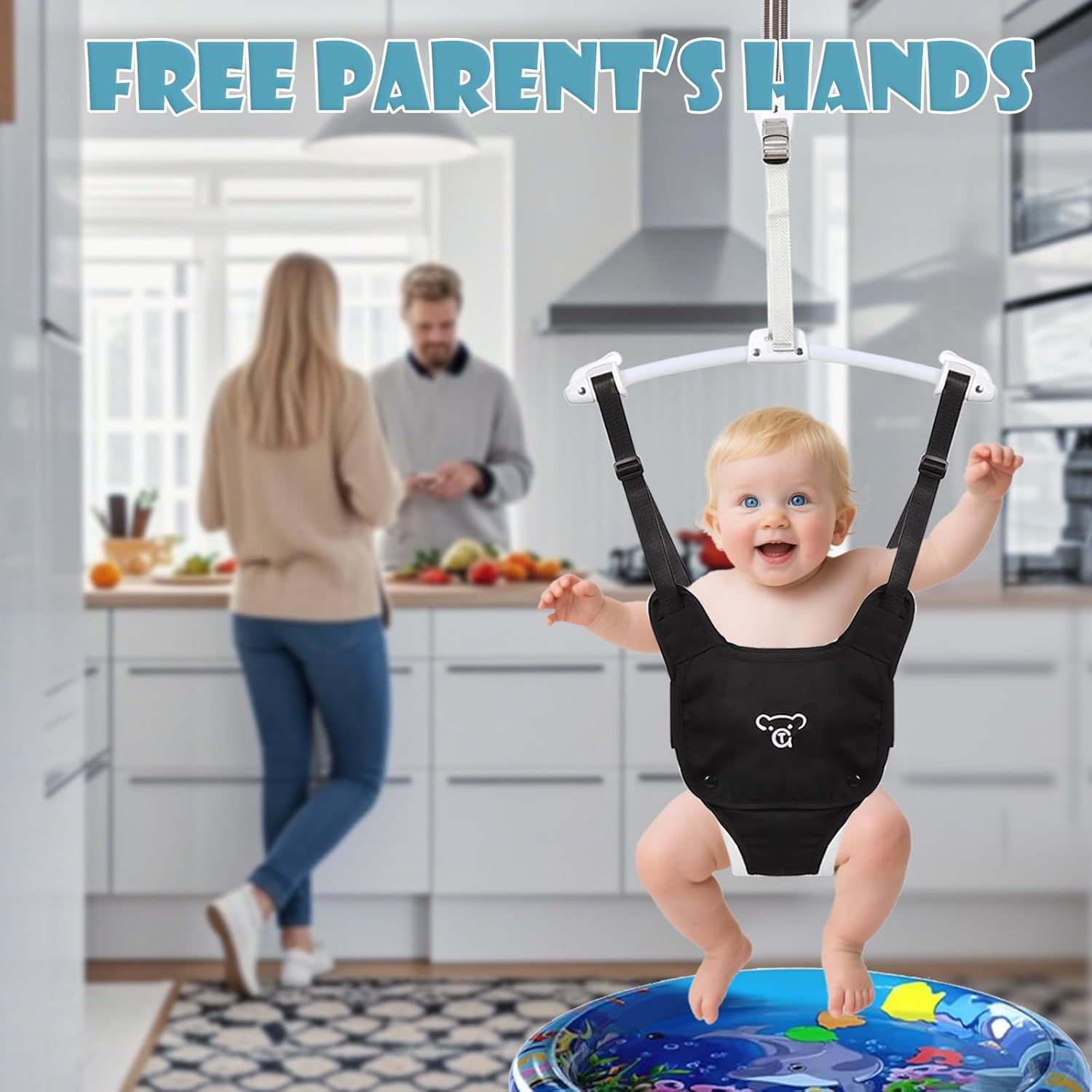 Baby Jumper, Baby Doorway Jumper with Adjustable Strap, Protable Baby Jumpers and Bouncers, Easy to Assemble, Baby Bouncer Jumper with Water Mat