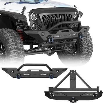 Hooke Road Front Bumper and Rear Bumper kit with Spare Tire Carrier for 2007-2018 Jeep Wrangler JK & Unlimited 2/4 Doors