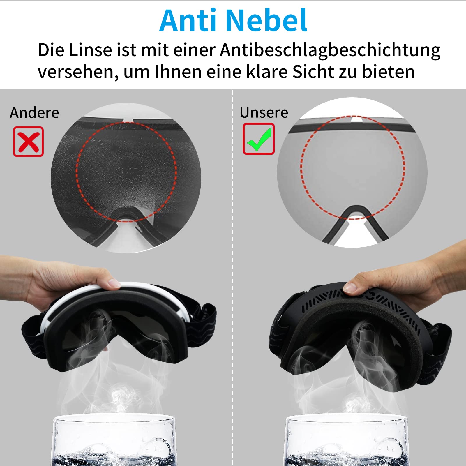 Yeerain Occhiali da sci unisex, da donna, per chi indossa occhiali, design OTG, protezione UV, occhiali da neve, anti-appannamento, sferici, riflessi per ragazzi e ragazze