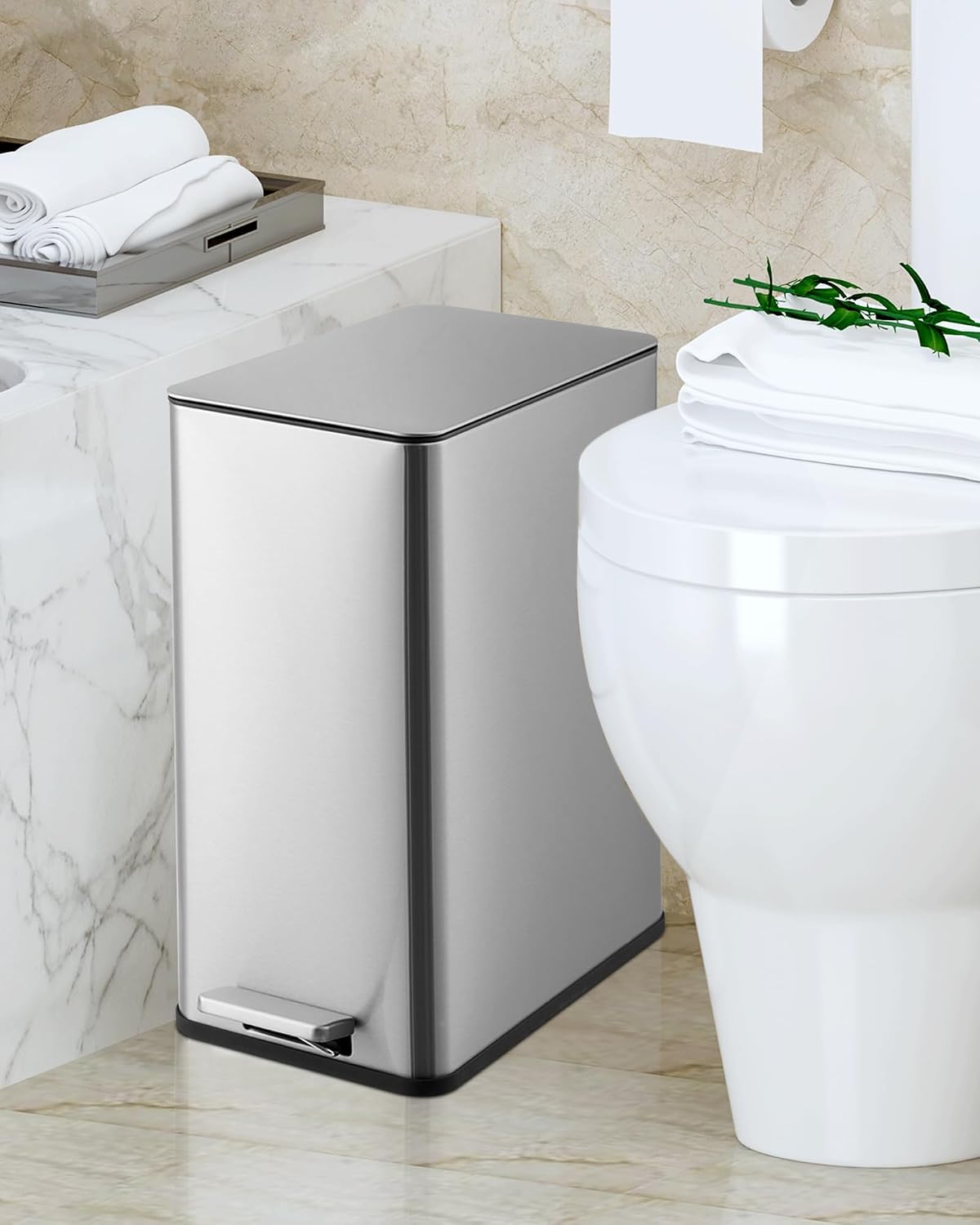 GarveeTech Slim Trash Can, 4 Gallon/15 L Kitchen Garbage Can with Soft Close Lid & Removable Inner Bucket, Small Narrow Recycling Bin for Bathroom, Living Room, Office, Silver