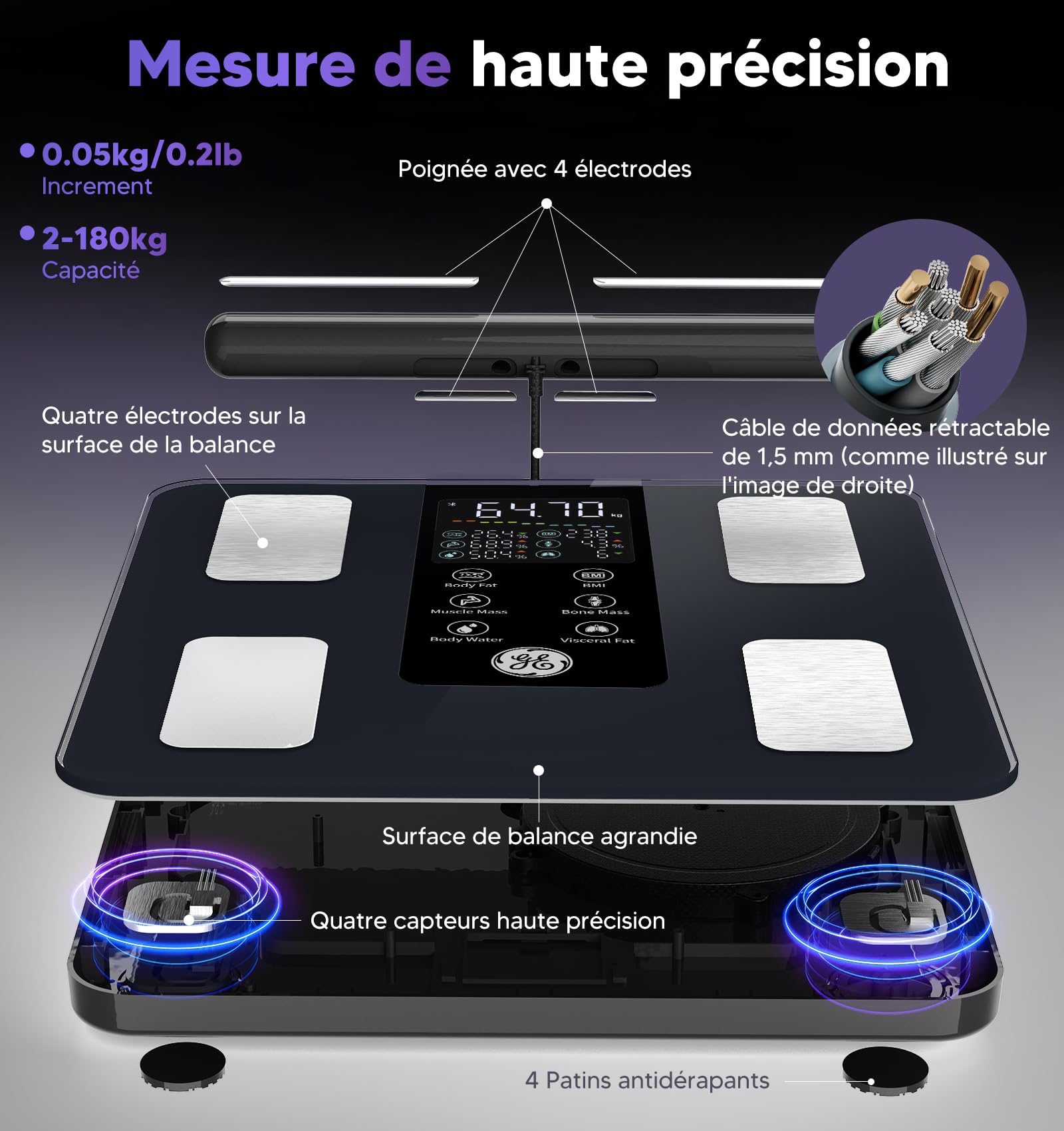 GE Connectée Balance Impédancemètre 8 Électrodes Pèse Personne 27 Mesures 180 kg/400 lb