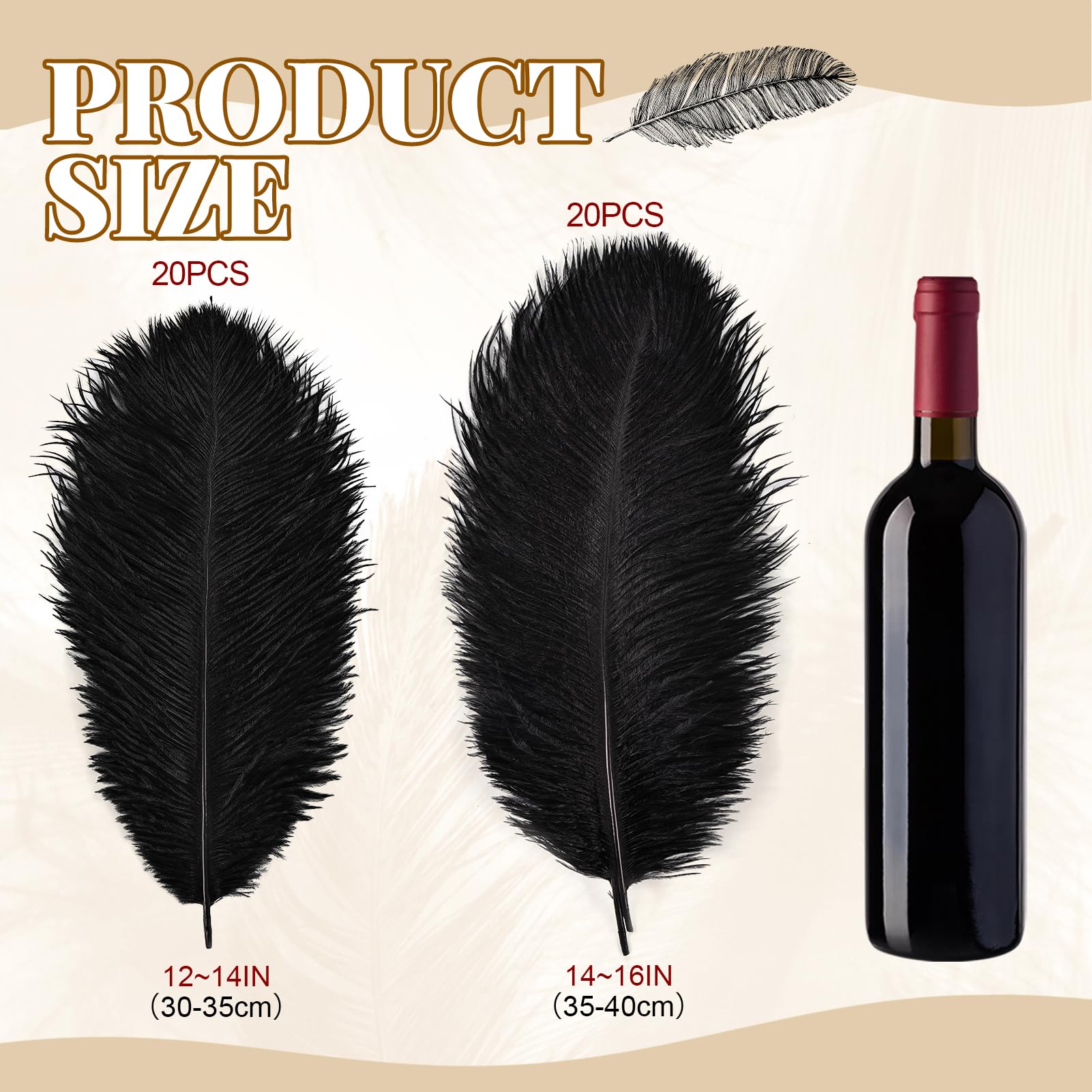 Piume di struzzo nere naturali, confezione da 40, 35,6-40,6 cm, 30,5-35,6 cm (20 pezzi ciascuna), per fai da te, vasi, artigianato, matrimoni, feste, centrotavola, decorazioni natalizie