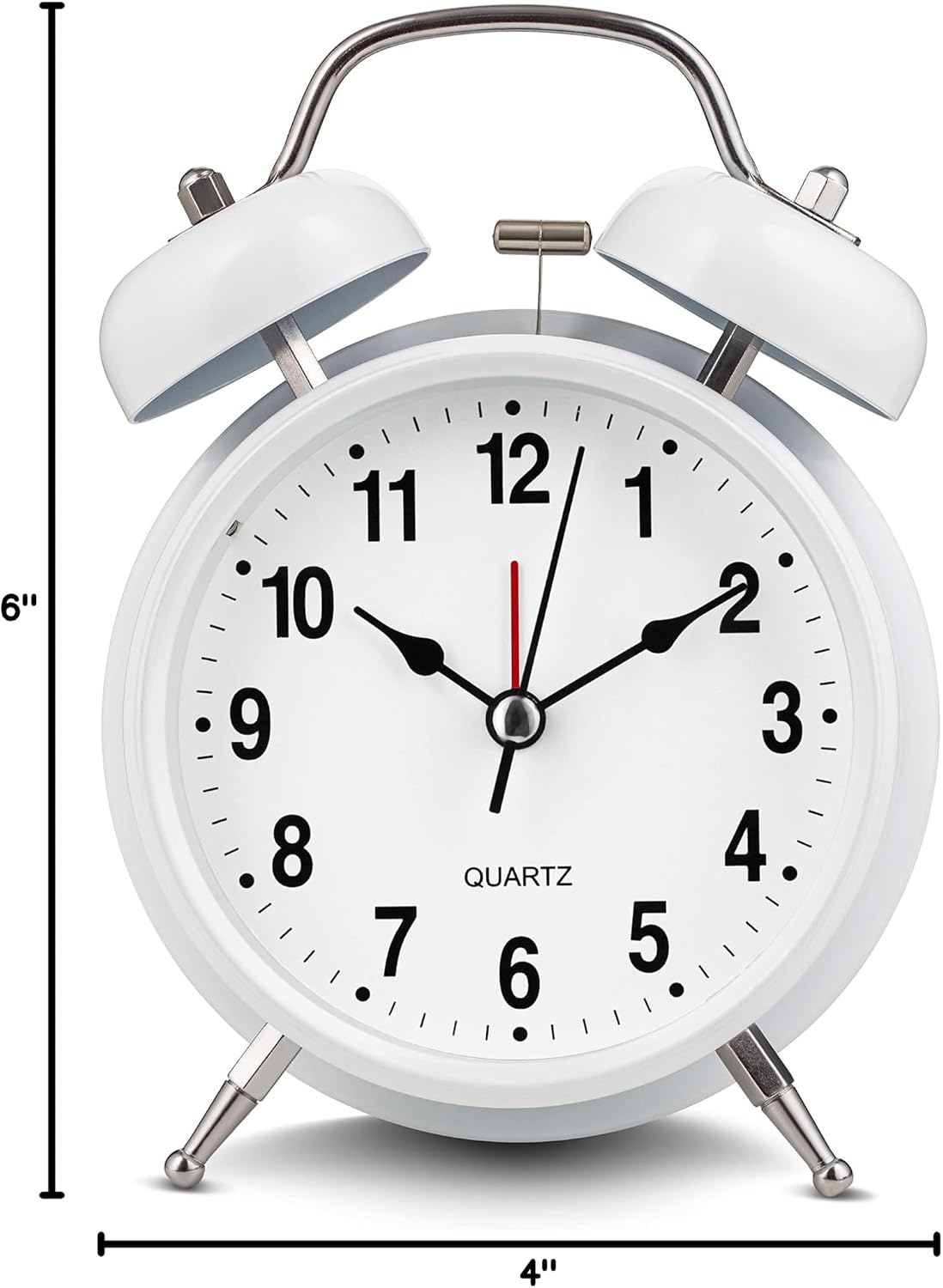Bernhard Products Analog Alarm Clock Extra Loud Twin Bells Retro White 4 Inch Silent Non-Ticking Quartz Battery Operated with Backlight, Decorative Bedside Table Desk Vintage Clocks for Heavy Sleepers