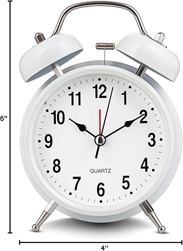 Miniatura 8 de Bernhard Products Reloj despertador analógico extra ruidoso, campanas gemelas, color blanco retro, de 4 pulgadas, silencioso, sin tictac, de cuarzo,