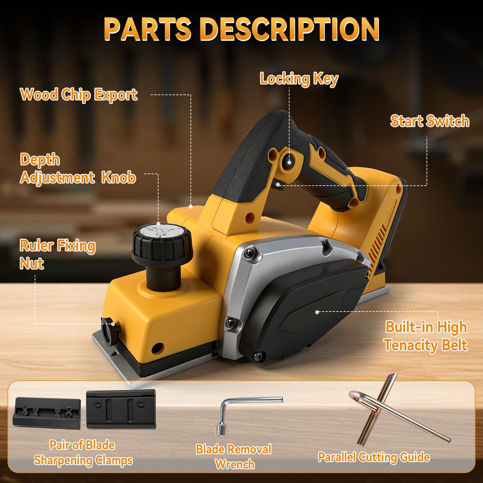 Cepilladora de mano eléctrica inalámbrica compatible con batería Dewalt de 18 V y 20 V, cepilladora eléctrica de madera de mano sin escobillas de 15000 rpm, ancho de corte de 82 mm, profundidad