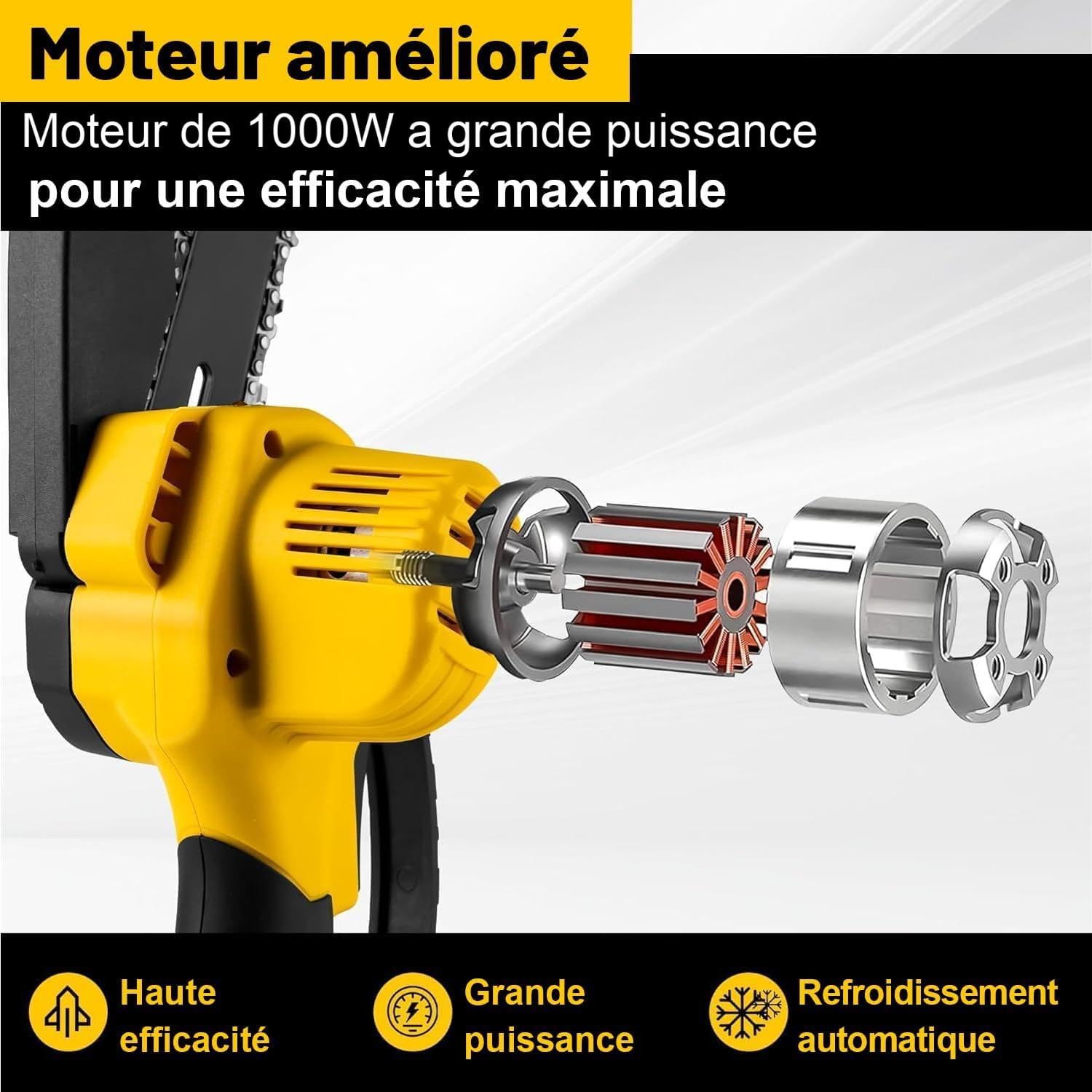 Mini Tronçonneuse à Batterie 6 Pouces, Tronçonneuse sur batterie avec moteur sans balais de 1000 W,Tronçonneuse Électrique Livré avec 2 batteries et 2 chaînes,Idéale pour coupe du bois et jardinage.