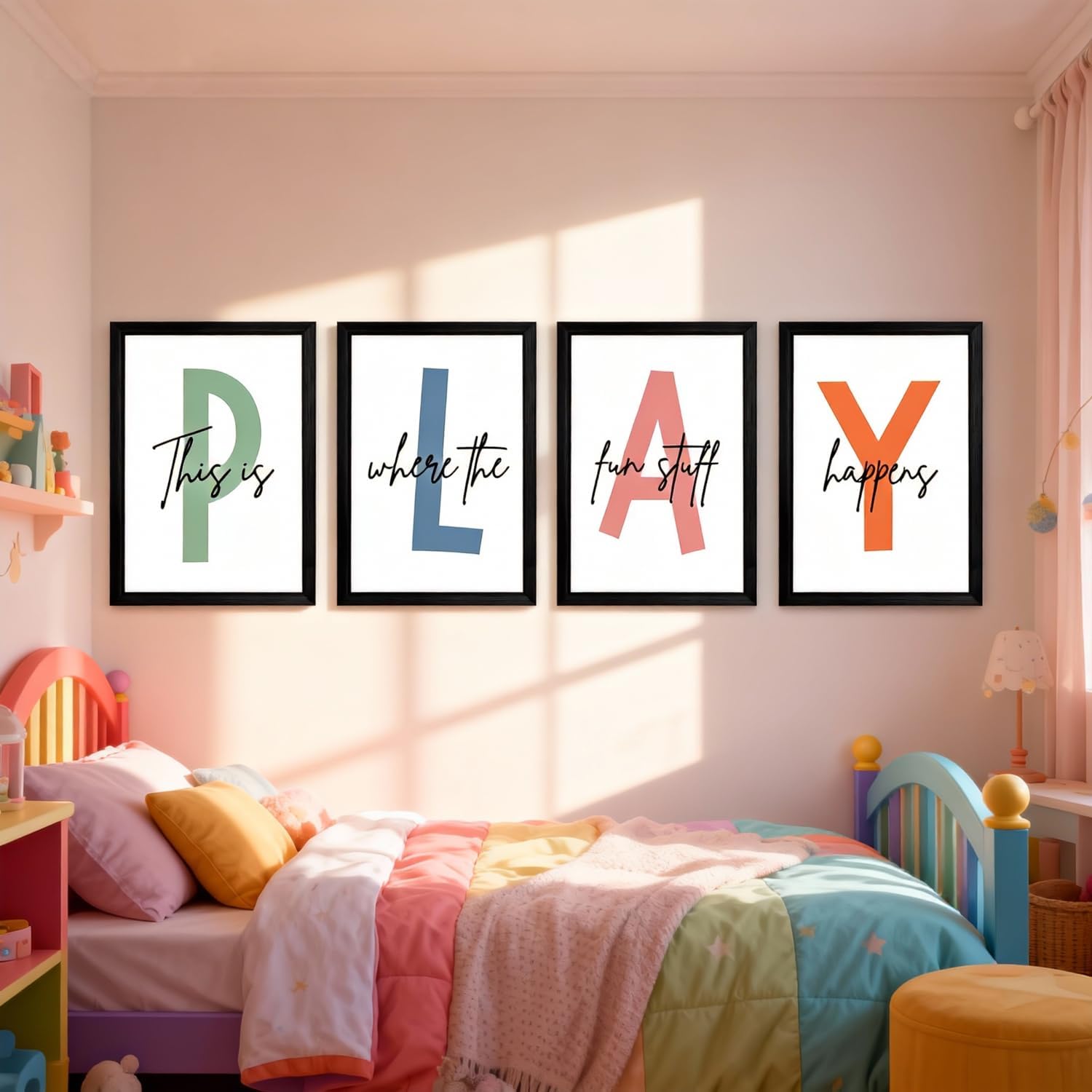 Cute Alphabet Play Framed Wall Art Set of 3, Natural Educational Alphabet Wooden Sign for Baby Girl Kid Boy Toddlers, Black Boho Preschool English Letters Nursery Decor for Homeschool Playroom