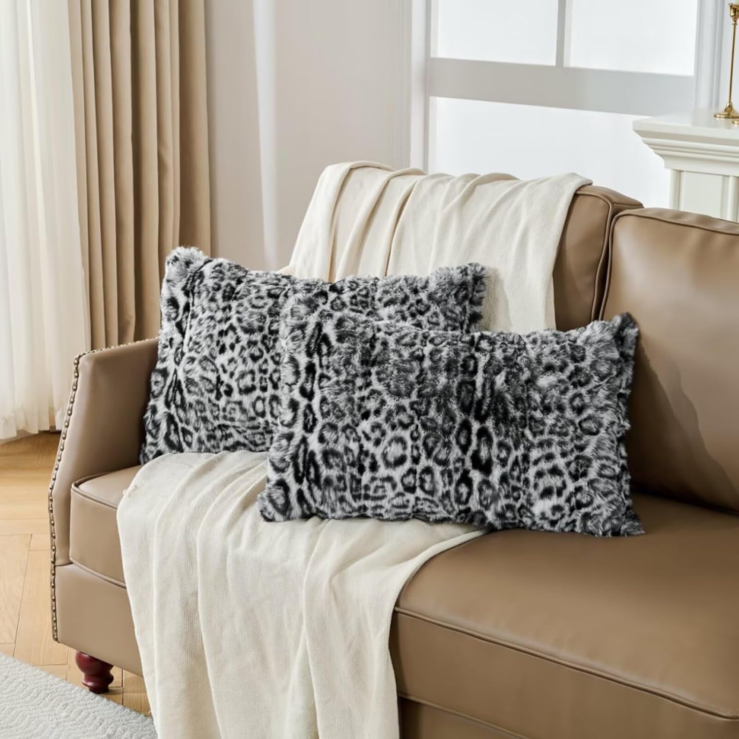 Set of 2 Faux Fur Snow Leopard Pillowcase,Cheetah Skin Soft Plush Animal Fur Print Throw Pillow Cover Case,Super Cozy Decorative Cushion Covers for Couch Sofa 20x26 Inches